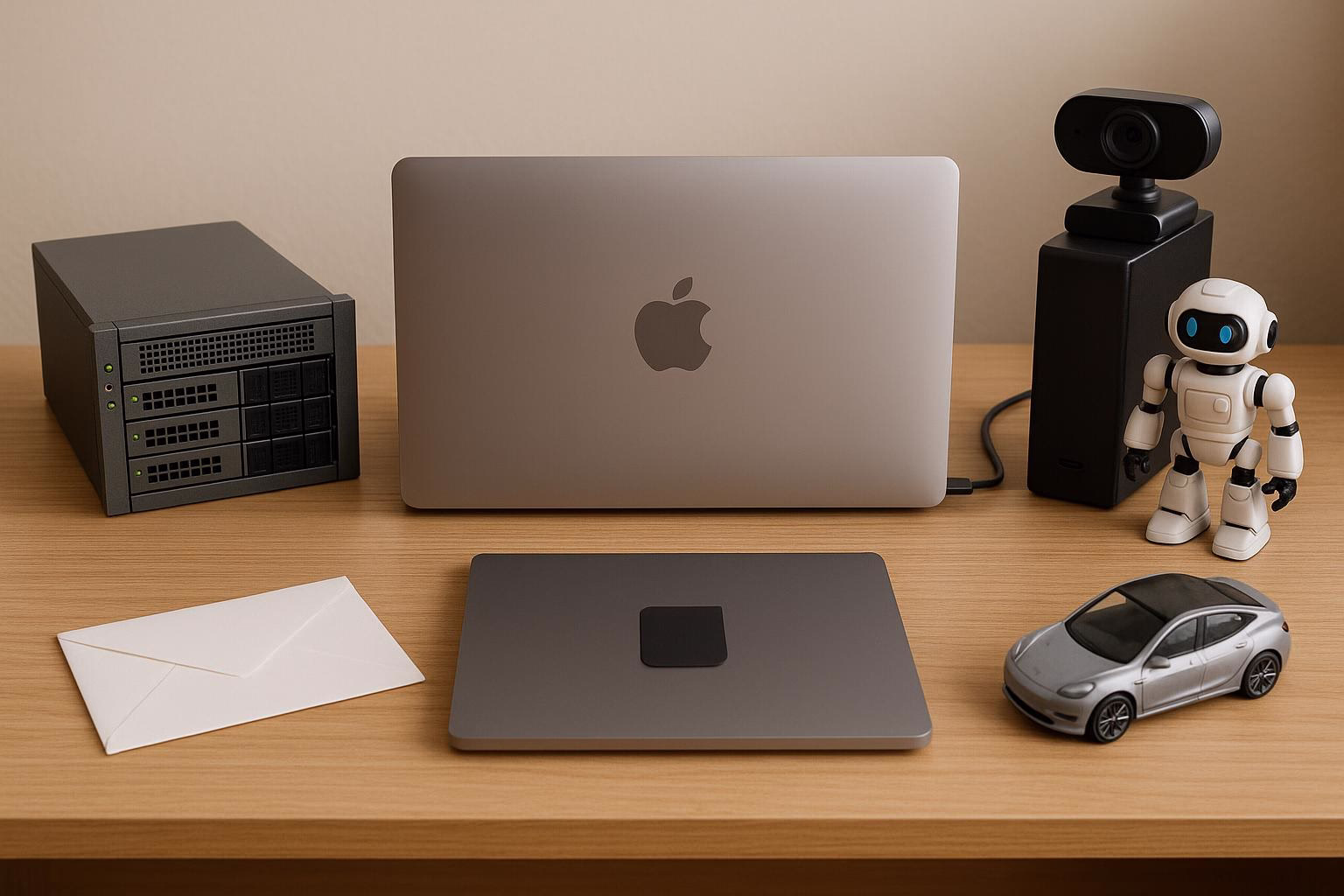 KDB Tech-Update 202505181504 Schreibtisch-Setup: MacBook mit Sticker, Server, Kamera-Webcam, Roboterfigur, Briefumschlag und Modell-Elektroauto als Technik-Update-Szene.
