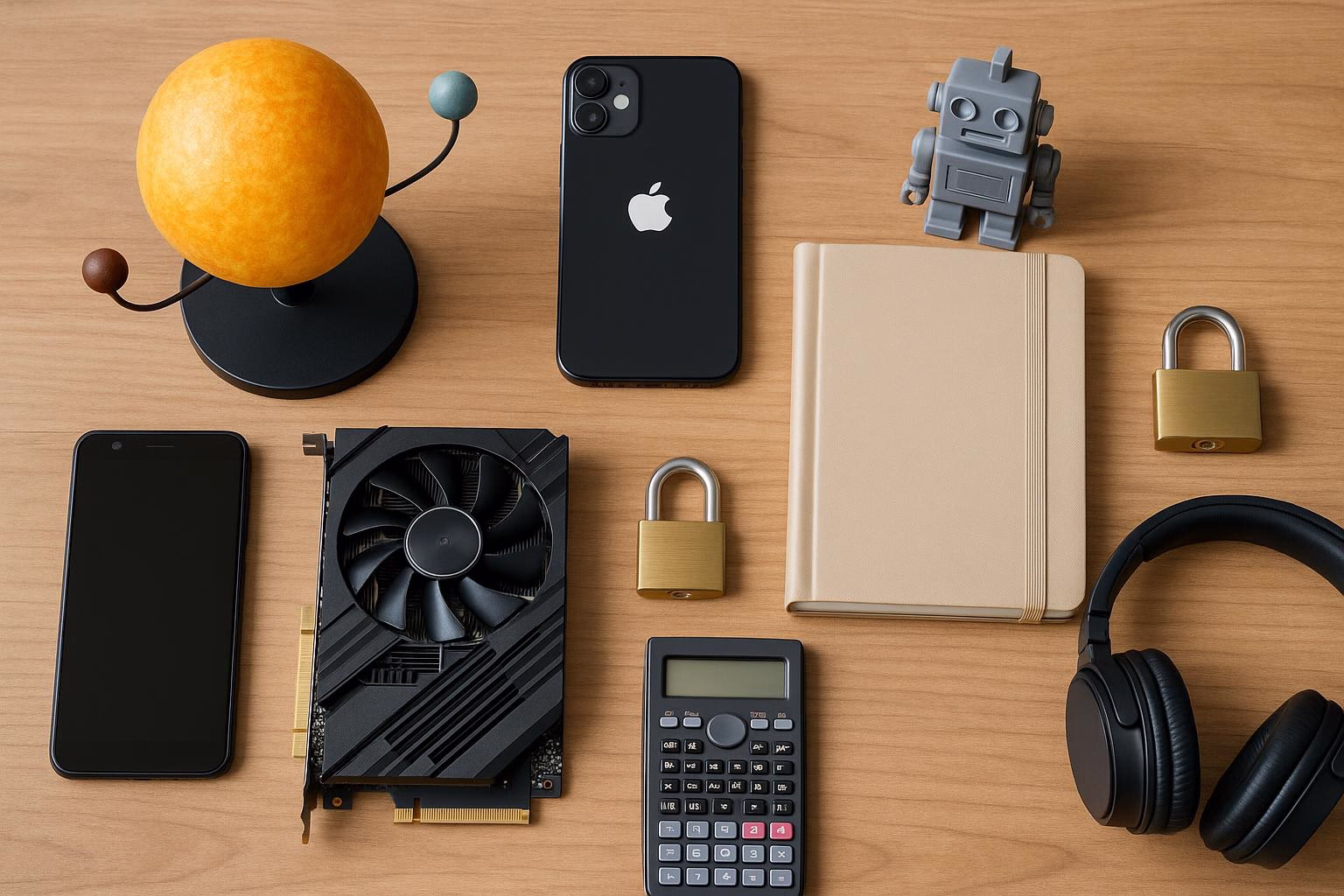 KDB Tech-Update 202505191504 Schreibtisch mit Handyeinheit, Sonnenmodell, Laptop- und GPU-Komponenten, Rechenhilfe, Notizbuch, Kopfhörern und verschlossenen Speichermedien, zur Technikdarstellung.