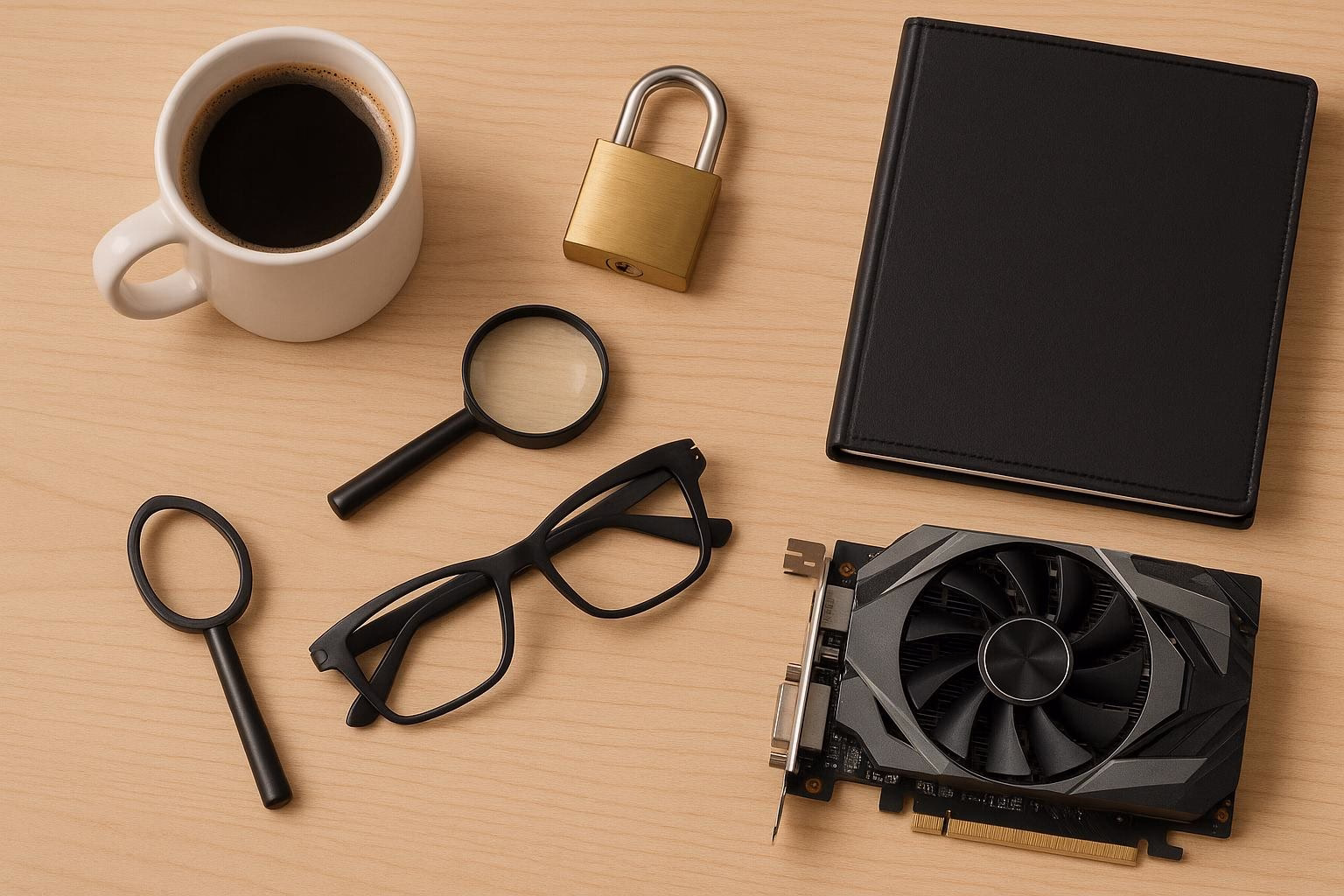 KDB Tech-Update 202505260506 Schreibtisch-Übersicht: Kaffeetasse, Vorhängeschloss, Lupe, Brille, Aktenordner, Grafikkarte und Smart Glasses zur Darstellung von Technik/Schutz.