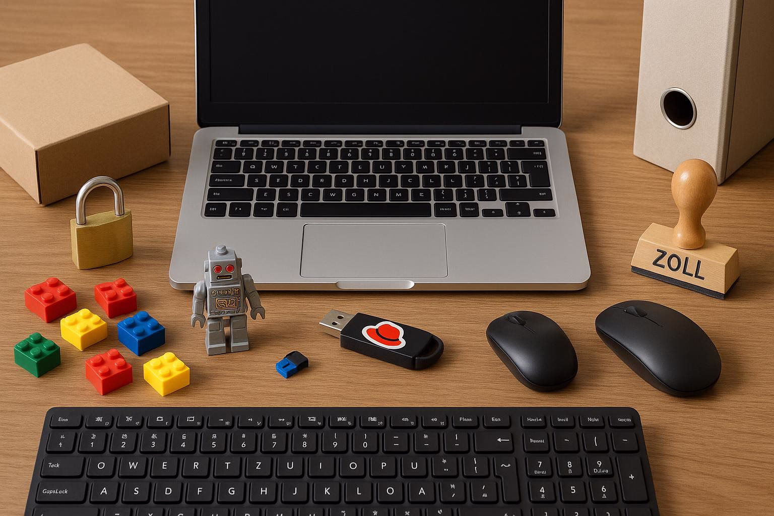 KDB Tech-Update 202505261502 Schreibtisch mit Laptop, Tastatur, Maus und Zubehör: Schreibtischschloss, Roboterfigur, LEGO-Steine, USB-Stick, Zollstempel und Ordnerkarton.