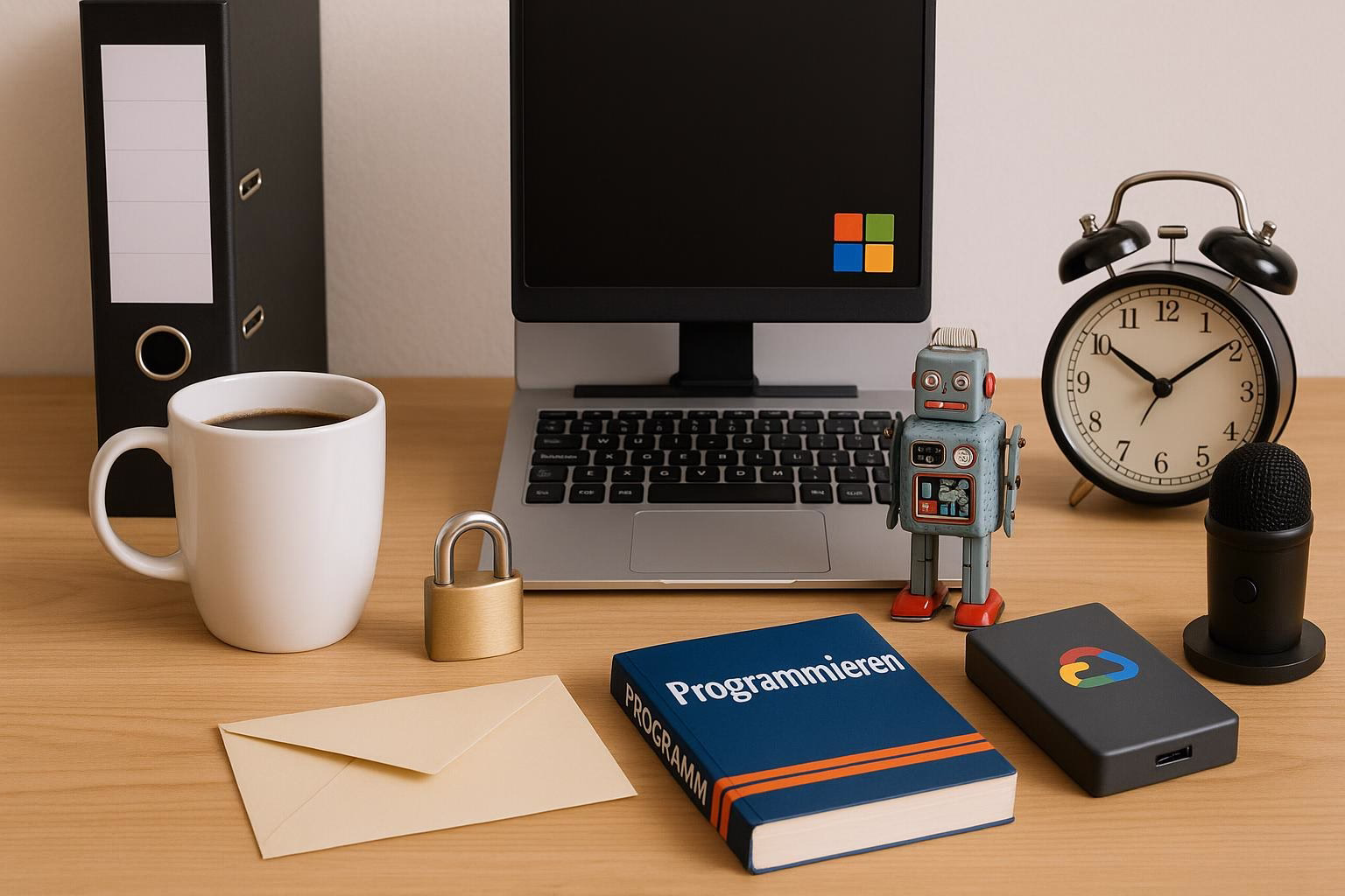 KDB Tech-Update 202505270503 Schreibtisch mit Laptop, Kaffeetasse, Schloss, Mikrofon, Wecker, Roboterfigur, Programmierbuch, Briefumschlag und externem Festplattengehäuse mit Logo.
