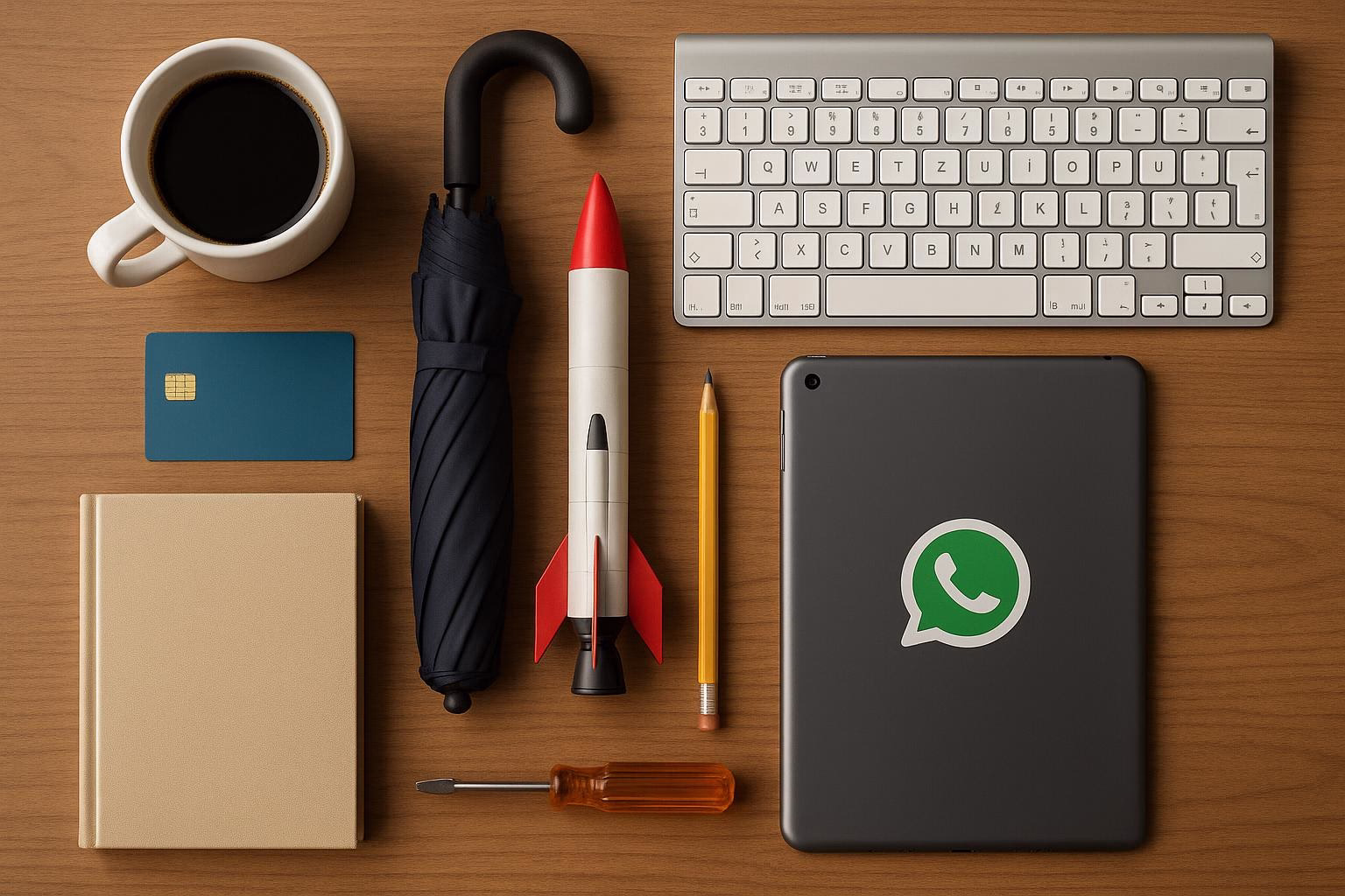KDB Tech-Update 202505271505 Schreibtisch mit Kaffeetasse, Chipkarte, Regenschirm, Raketenmodell, Schraubenzieher, Tastatur, Buch, Bleistift und Tablet mit WhatsApp-Aufkleber.