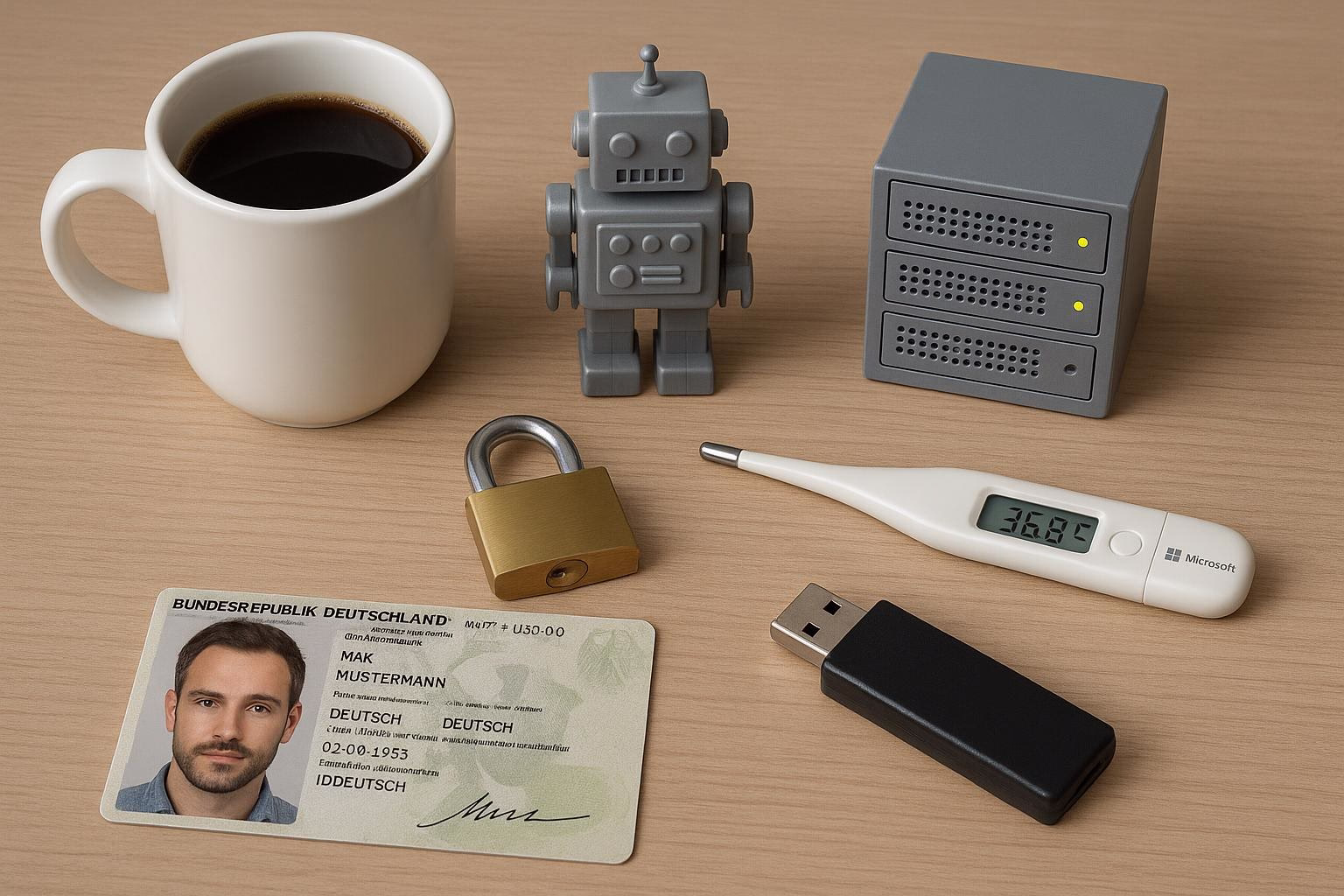 KDB Tech-Update 202505280505 Schreibtisch-Arrangement: Kaffeetasse, Roboterfigur, Router, digital Thermometer, Personalausweis, Vorhängeschloss, USB-Stick zur Darstellung von IT-Sicherheit.