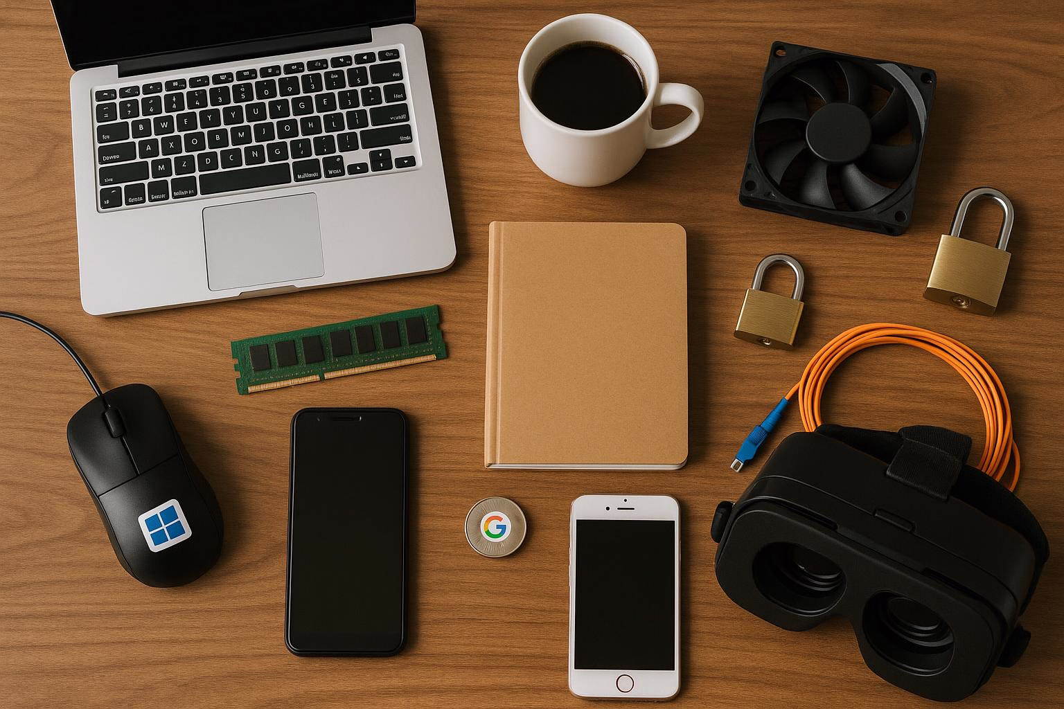 KDB Tech-Update 202505291501 Laptop, RAM-Modul, Buch, Smartphone, VR-Brille, Smartphone-Zubehör und Kabel; gesichert durch Vorhängeschlösser, zeigt Technik-Setup.