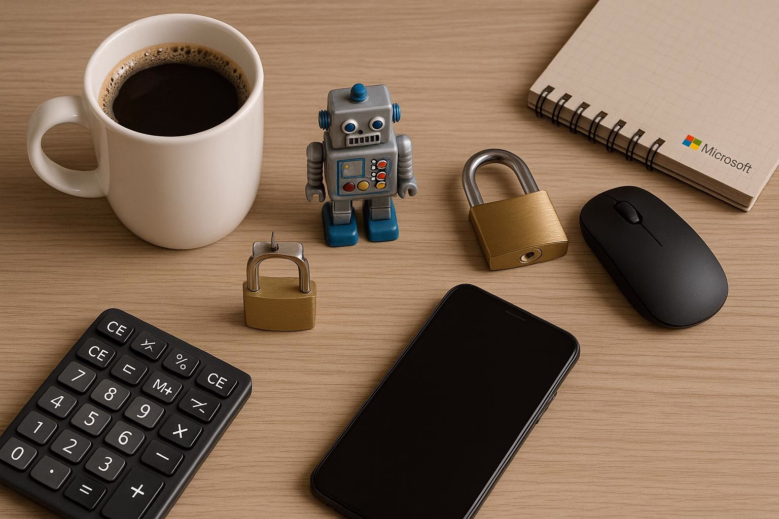 KDB Tech-Update 202505300505 Schreibtisch-Arrangements: Kaffeetasse, Miniaturroboter, Vorhängeschloss, Computermaus, Smartphone, Taschenrechner und Notizblock als Technik-Update-Visual.
