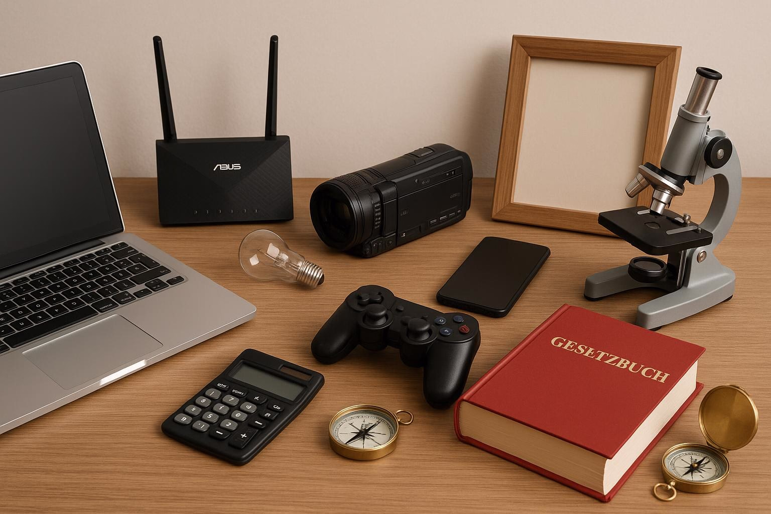 KDB Tech-Update 202505301503 Schreibtisch mit Laptop, Router, Smartphone, Taschenrechner, Gesetzbuch, Kompass und Mikroskop – zeigt Technik- und Wissens-Themen.