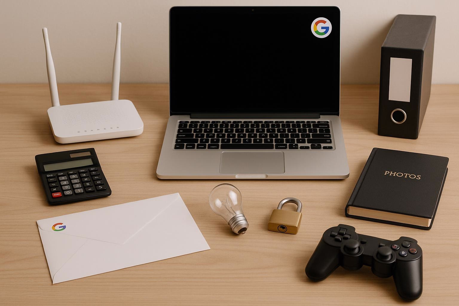 KDB Tech-Update 202505310506 Schreibtisch mit Laptop und Router, Umschlag, Ordner, Leuchtmittel, Zahlwerk, Vorhängeschloss, Gamecontroller und Fotoalbum; zeigt Technik-Setup.