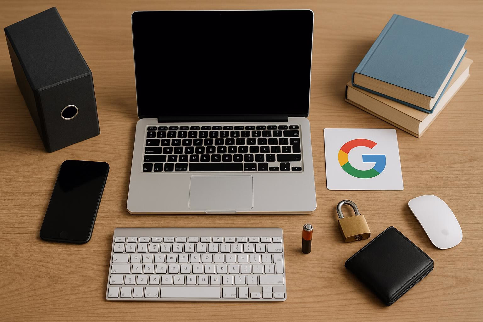 KDB Tech-Update 202505311506 Schreibtisch mit geöffneter Laptop-Tastatur, Smartphone, Notizbuchstapel, Geldbörse, Vorhängeschloss und Maus—Symbol für Arbeit und Datensicherheit.
