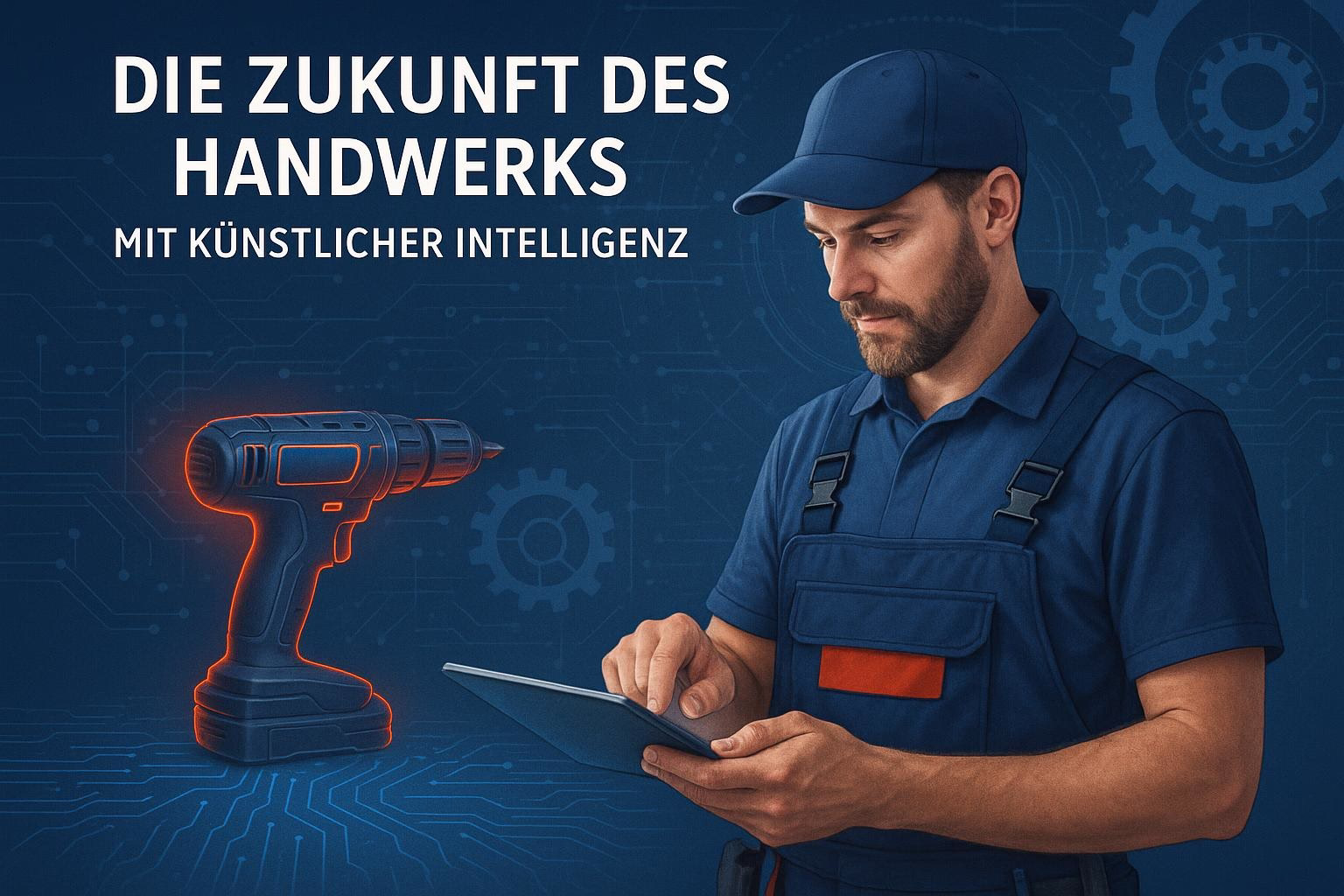 bild-ki-recherche-11 Handwerker mit Cap und Arbeitskleidung liest ein Tablet; daneben eine leuchtende Bohrmaschine als Symbol für KI-gestützte Zukunft der Handwerksarbeit.