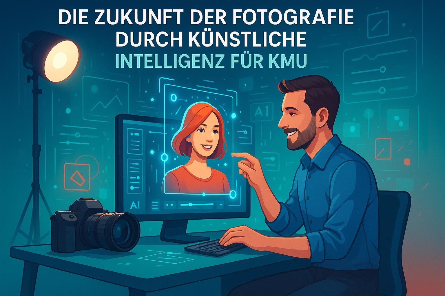 bild-ki-recherche-12 Illustration: Fotograf mit Kamera und Monitor, auf dem ein Gesicht per KI-Overlay angezeigt wird; steht für KI-gestützte Fotografie.