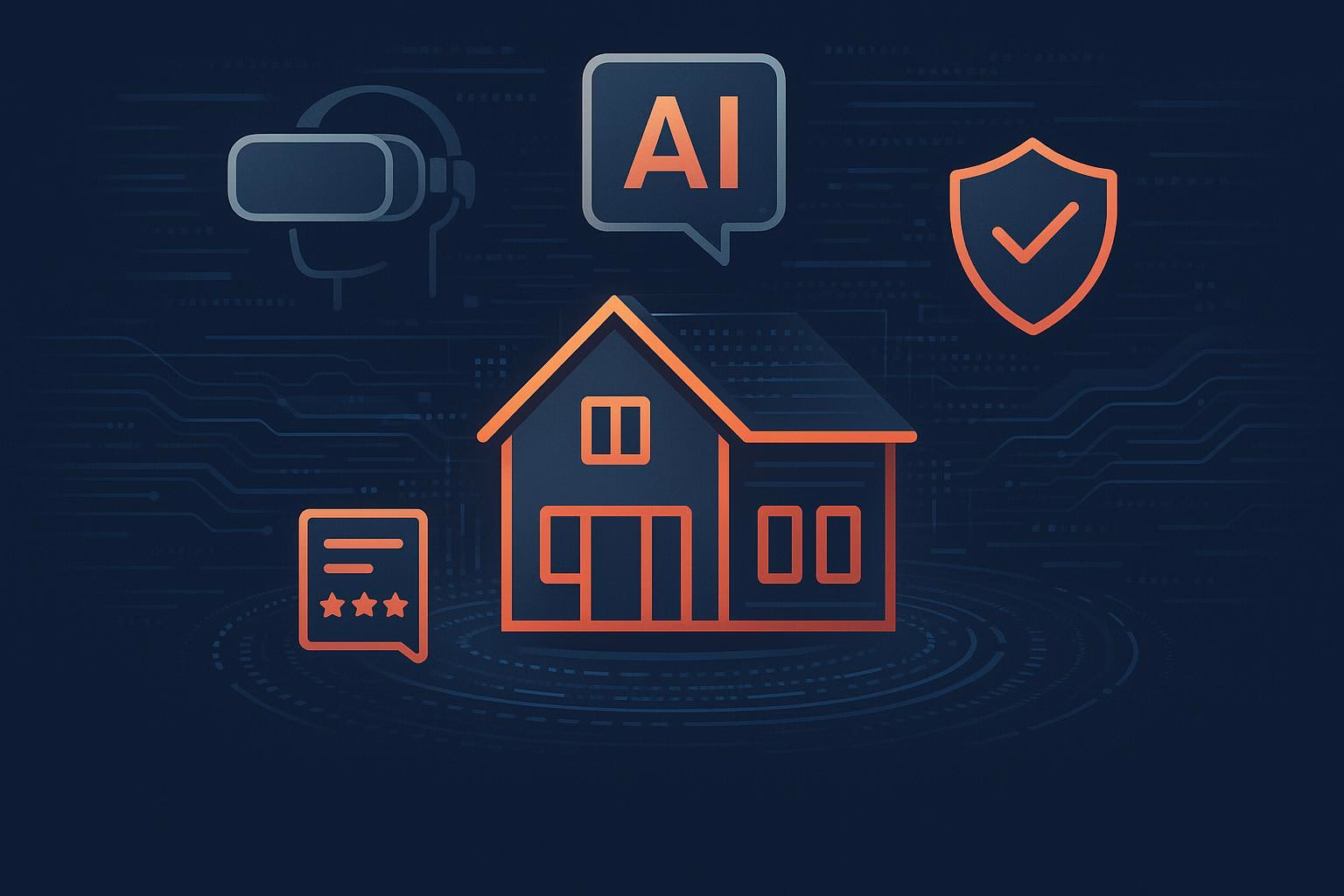 Illustration eines Hauses mit Gebäudeelementen und Symbolen für KI, Cloud und Sicherheitsfreigabe zur Veranschaulichung digitaler Assistenz.