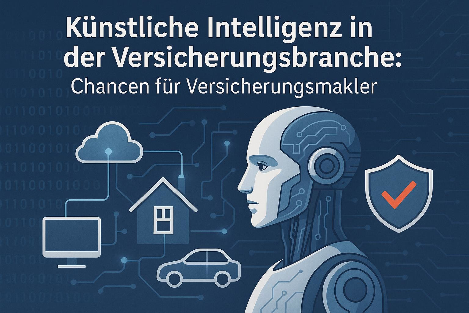bild-ki-recherche-16 Illustration: KI-Kopf mit Daten-Overlay, Cloud, Haus und Auto; daneben Schild mit Haken, symbolisiert automatisierte Versicherungsrecherche und Schutz.