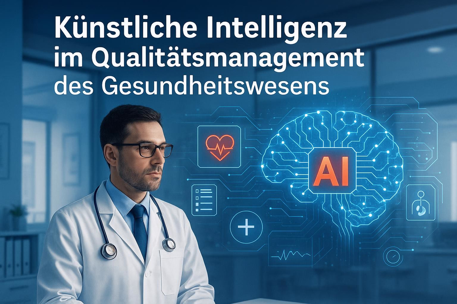 bild-ki-recherche-19 Arzt mit Kittel und Stethoskop vor KI-Schaltkreis-Visualisierung; Textbotschaft zu künstlicher Intelligenz im Gesundheitswesen.