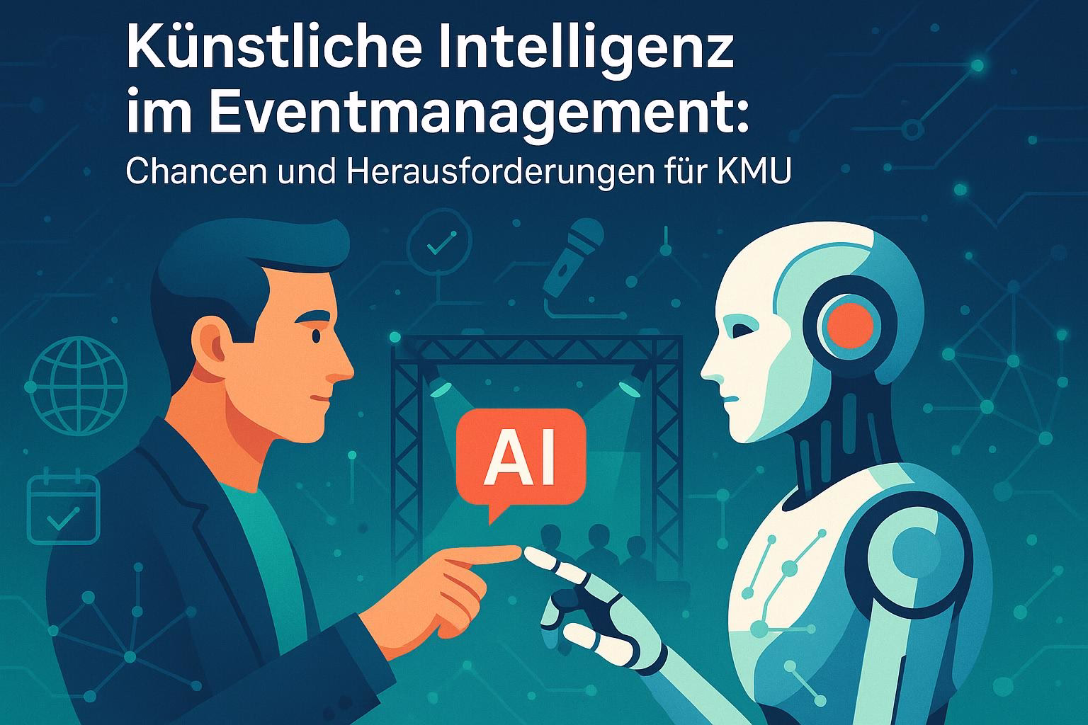bild-ki-recherche-23 Illustration: zwei Personen vor einer Bühne mit KI-Bildschirm; digitale Netzwerkgrafiken deuten auf KI im Eventmanagement hin.