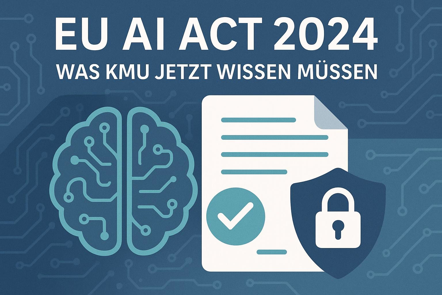 bild-ki-recherche-3 Grafik: KI-Kopf mit Schaltkreis, Dokument mit Häkchen und Schutzschild mit Schlosssymbol—steht für sichere KI-Recherche 2024.