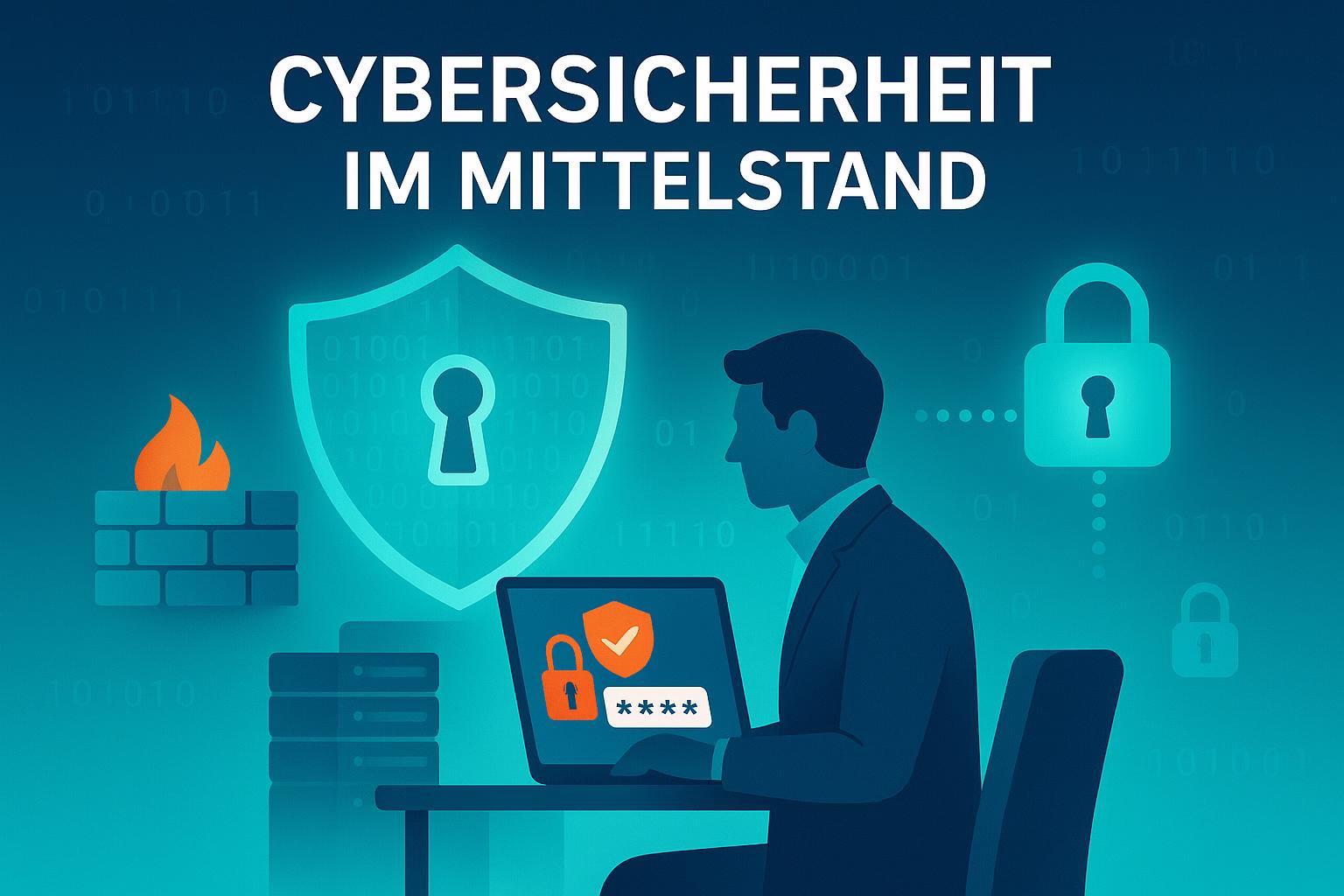 bild-ki-recherche-5 Sicherheitsgrafik: Person am Laptop zwischen Schild, Schloss und Servern; symbolisiert Cyber-Schutz im aktuellen Umfeld.