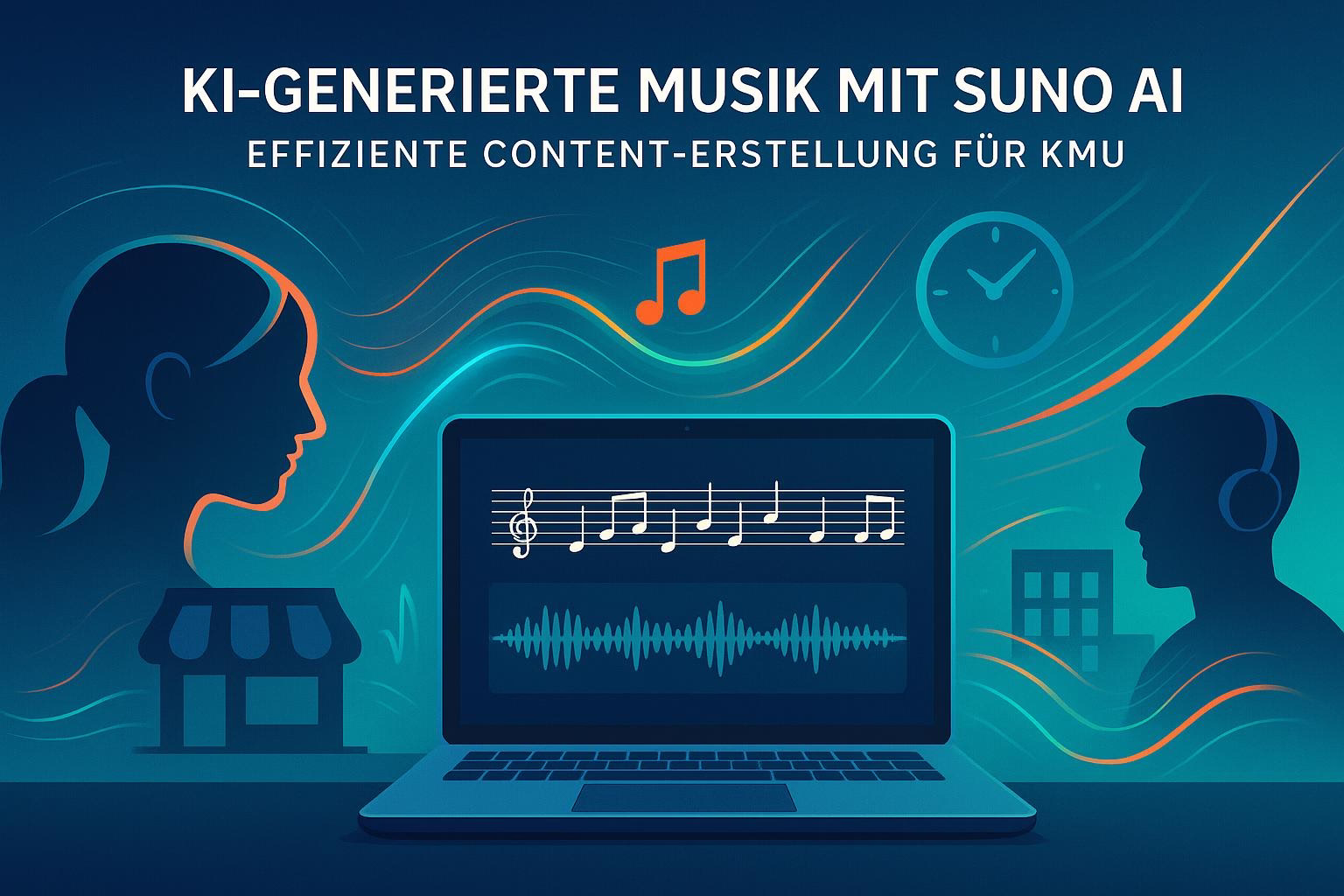bild-ki-recherche-6 Grafik: Zwei stilisierte Personen am Laptop; auf dem Bildschirm Noten und Audio-Wellen, darüber Musiknoten, Uhr und Wellenlinien als KI‑Musik.