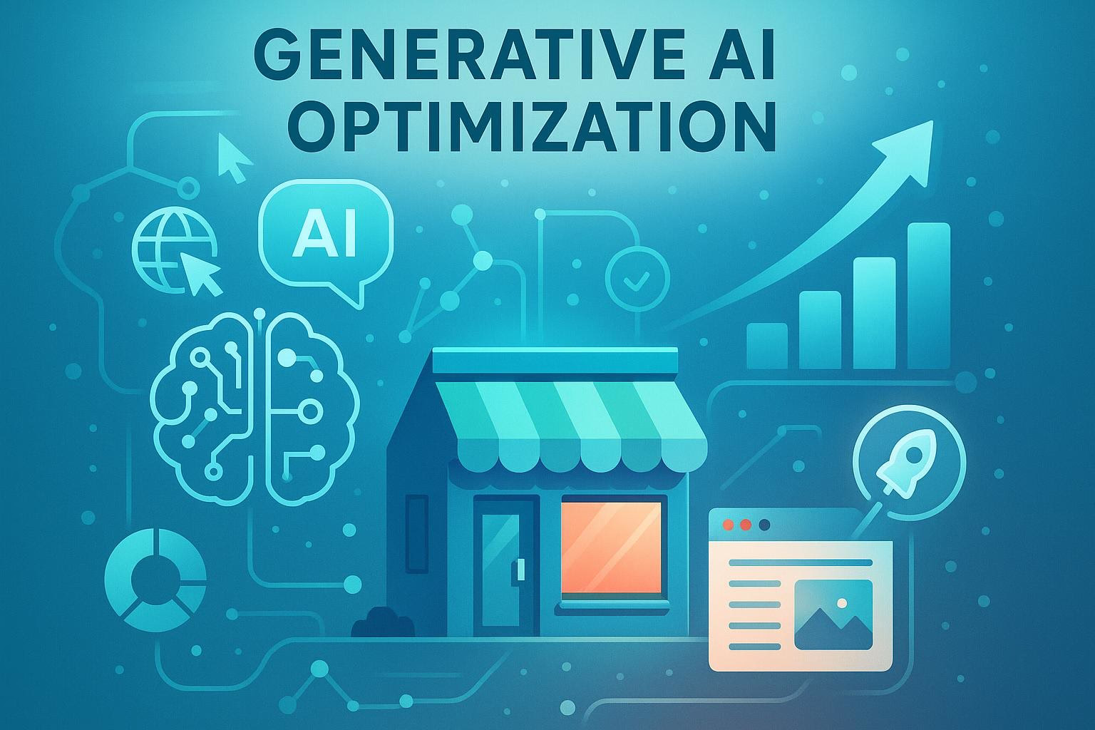 bild-ki-recherche-7 Grafik mit „Generative AI Optimisation“, Symbolen für Daten, KI und wachsenden Balken; Ladenansicht und Smartphone-Interface deuten Optimierung im Handel an.