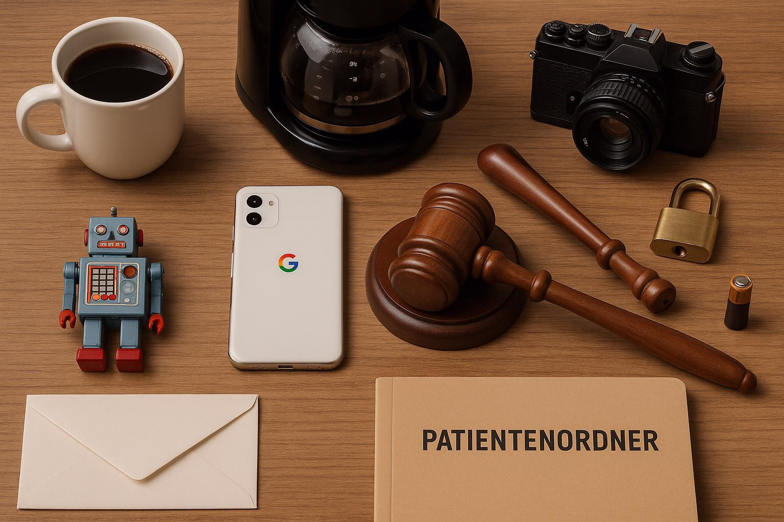 KDB Tech-Update 202506010503 Schreibtisch mit Kaffeetasse, Kaffeemaschine, Smartphone, Kamera, Richterhammer, Vorhängeschloss und Ordner „PATIENTENORDNER“, symbolisiert Technik und Verwaltung.