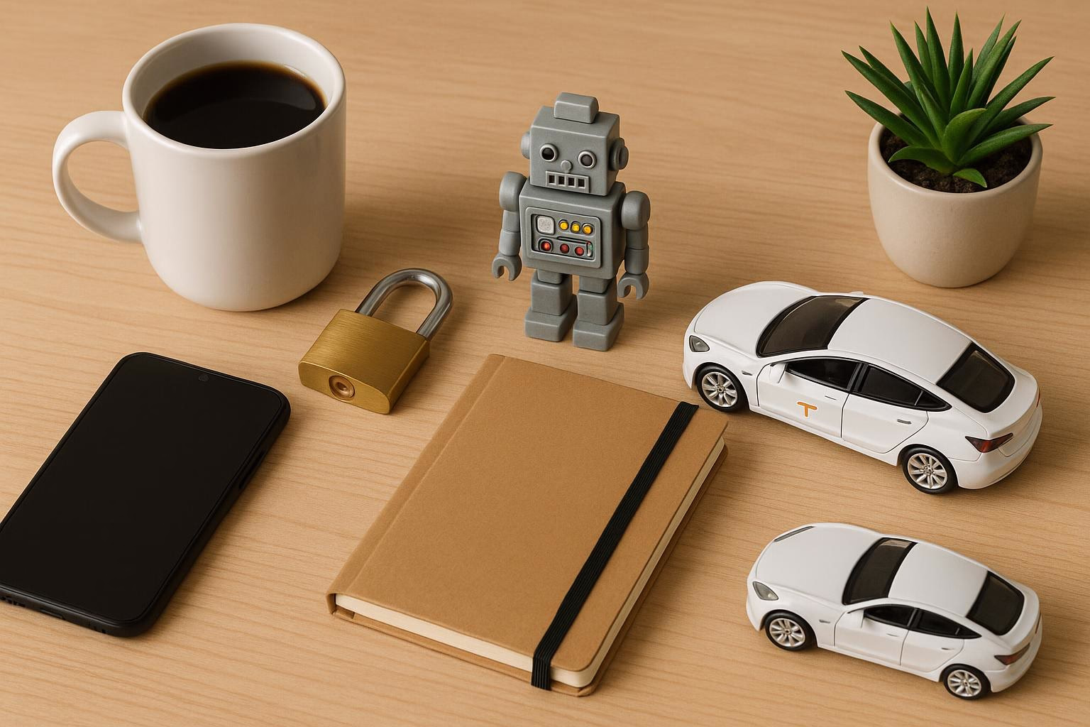 KDB Tech-Update 202506011505 Schreibtisch mit Kaffeetasse, gesperrtem Schloss, Roboterfigur, Smartphone, Notizbuch und Spielzeugautos sowie Zimmerpflanze als sichere Arbeitsumgebung.