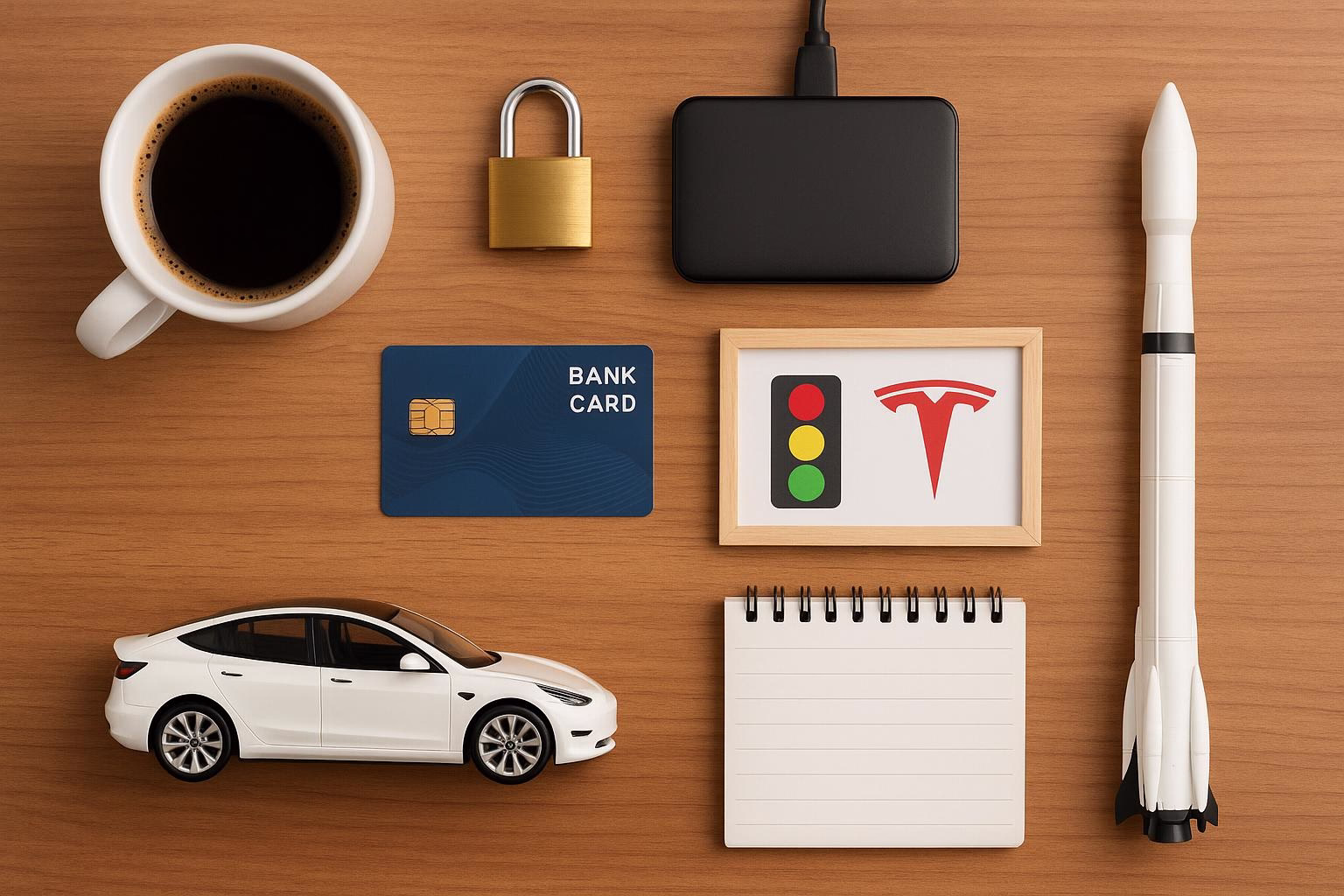 KDB Tech-Update 202506020503 Schreibtisch-Übersicht: Kaffeetasse, Schloss, externe Festplatte, Bankkarte, Modell-Elektroauto, Ampelsymbol, Notizblock und Raketenmodell.