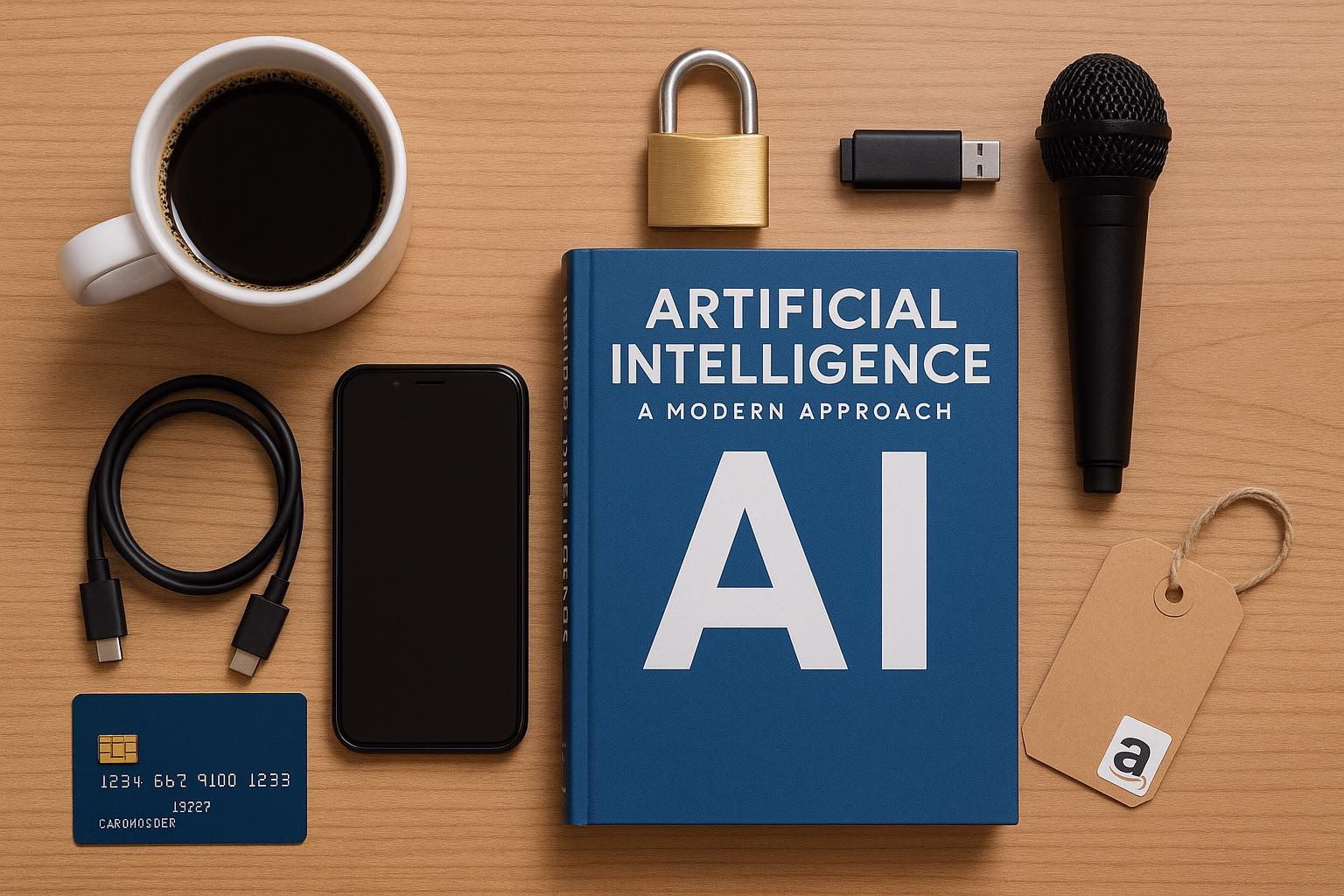 KDB Tech-Update 202506030501 Schreibtisch-Übersicht: Kaffeetasse, Smartphone, USB-C-Kabel, KI-Buch „Artificial Intelligence“, Smartphone-Ladeadapter, Mikrofon und Vorhängeschloss.