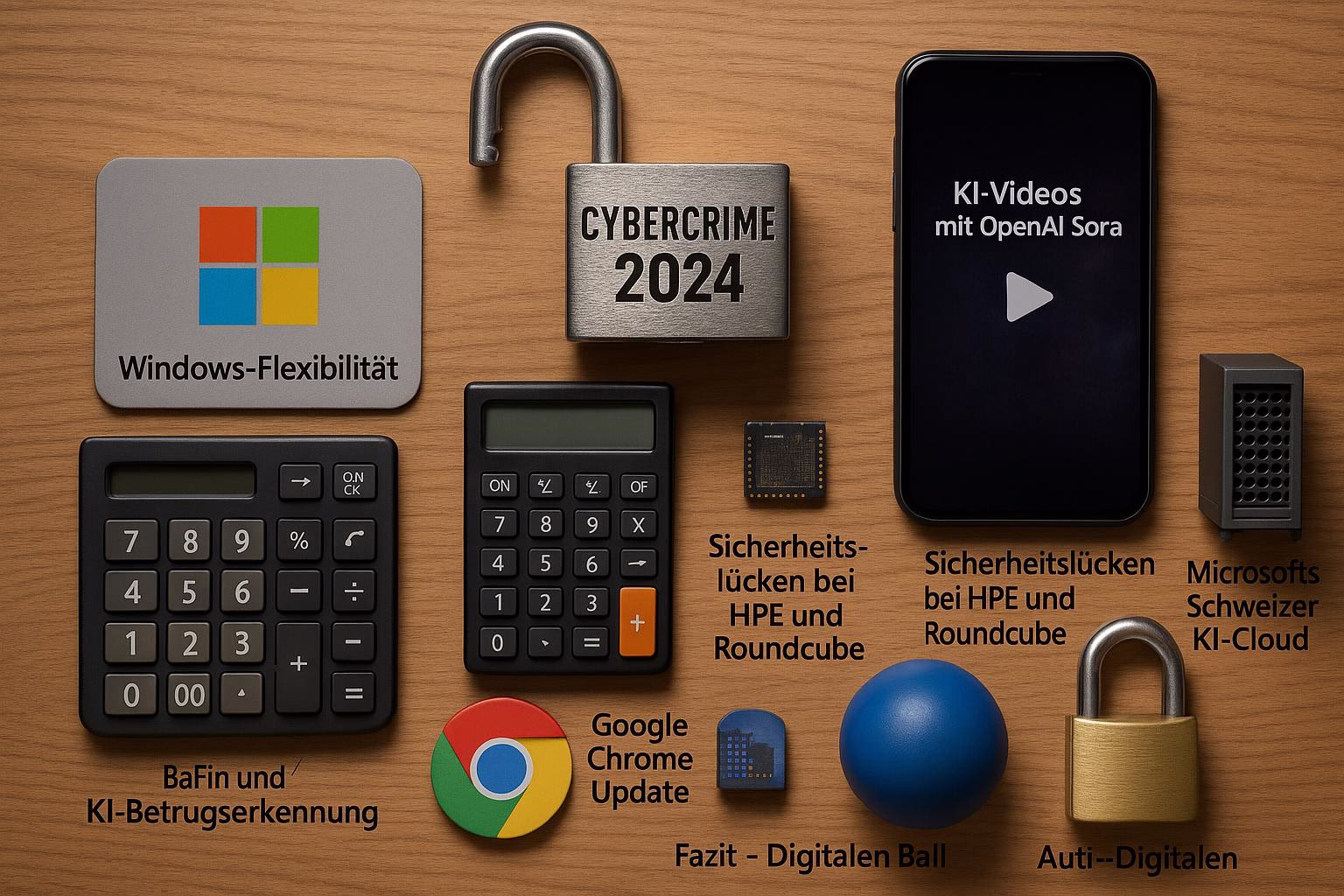 KDB Tech-Update 202506031502 Schreibtisch-Layout mit Rechengerät, Schloss, Smartphone, Chip und IT-Icons; Symbole stehen für Cybersicherheit, Updates, KI-Video und Betrugserkennung.