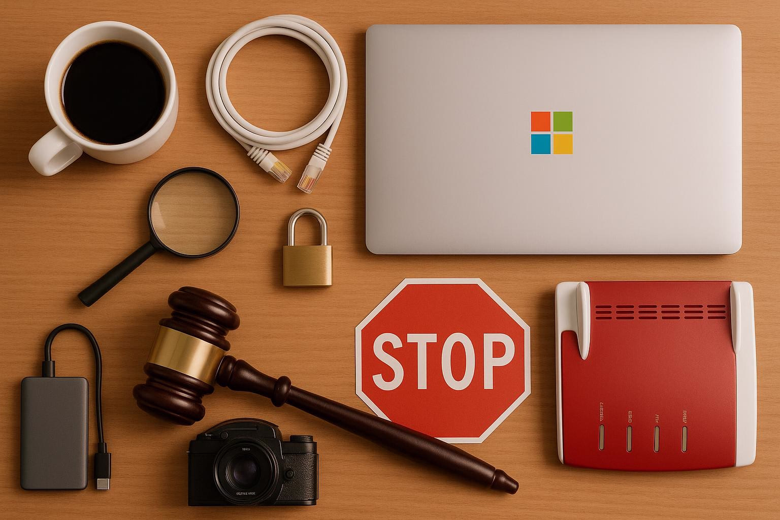 KDB Tech-Update 202506040503 Schreibtisch mit Laptop, Kabeln, Schloss und Stopp-Schild neben Lupe, Fotoapparat und Speichergerät als Hinweis auf Sicherheitsprüfung.