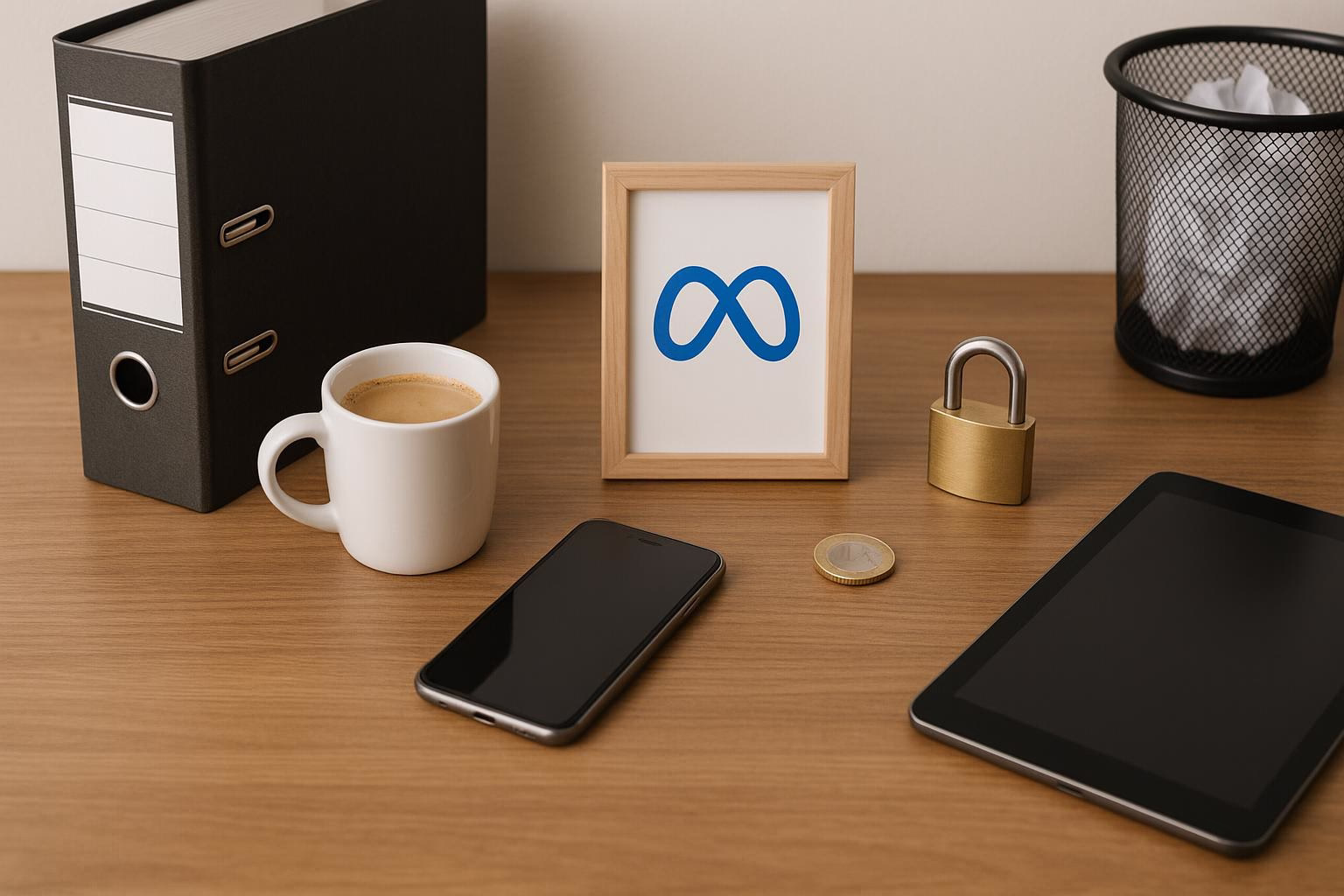 KDB Tech-Update 202506050505 Schreibtisch mit Ordnern, Kaffeetasse, Smartphone/Tablet, Bilderrahmen mit Symbol, Vorhängeschloss und Münze zur Darstellung von Sicherheit und Technik.