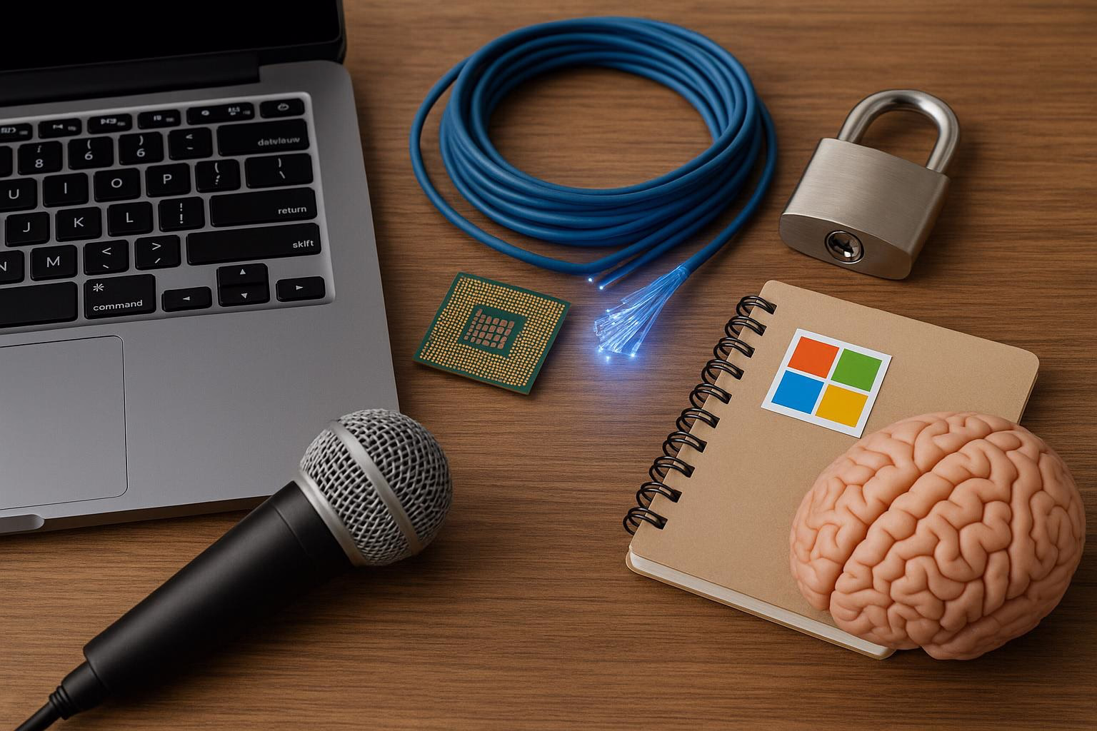 KDB Tech-Update 202506051504 Schreibtisch: Laptop, Mikrofon, Mikrochip, Glasfaserkabel und Schloss; daneben Notizbuch mit Gehirnmodell zur Darstellung digitaler Technik und Sicherheit.
