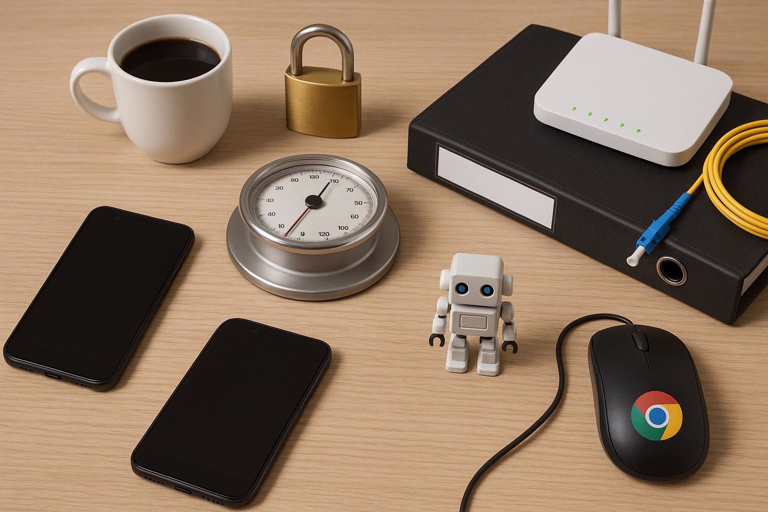 KDB Tech-Update 202506070506 Schreibtisch mit Kaffeetasse, Vorhängeschloss, Waage, Router, Glasfaserkabel, Smartphones, Roboterfigur und Maus; deutet auf Datensicherheit und Technik-Setup.