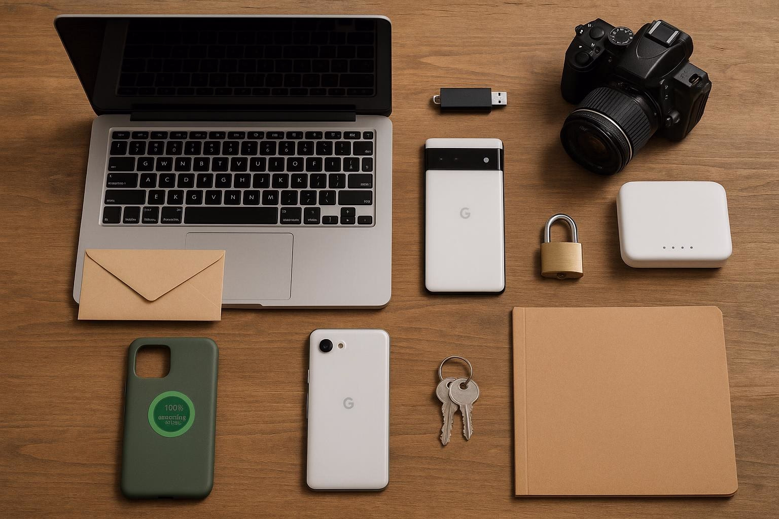 KDB Tech-Update 202506071501 Schreibtisch-Setup mit Laptop, USB-Stick, Smartphone und Zubehör; zeigt Arbeits- und Datenübertragung sowie sichere Aufbewahrung.