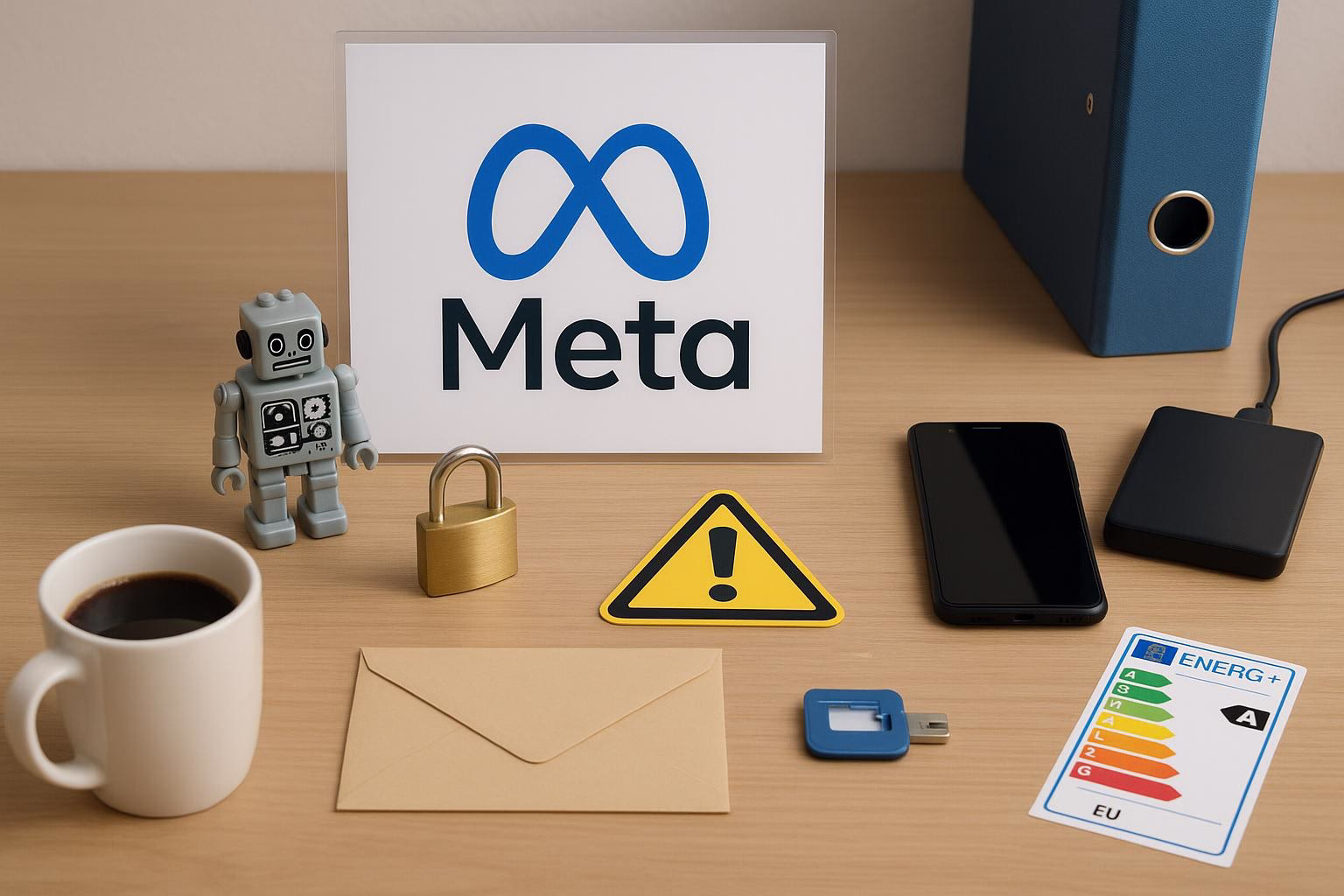 KDB Tech-Update 202506080503 Schreibtisch mit Roboterfigur, Meta-Poster, Warnschild, Schloss, Briefumschlag, Smartphone, externer Festplatte und EU-Energieetikett-Aufkleber als Hinweis auf Technik-Updates.