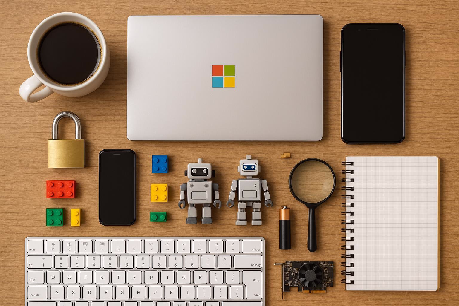 KDB Tech-Update 202506081502 Schreibtisch-Übersicht mit Laptop, Smartphone, Schloss, Kaffeetasse und Notizblock; daneben zwei Roboterfiguren, Smartphone, Teile und Werkzeuge zur Technikarbeit.