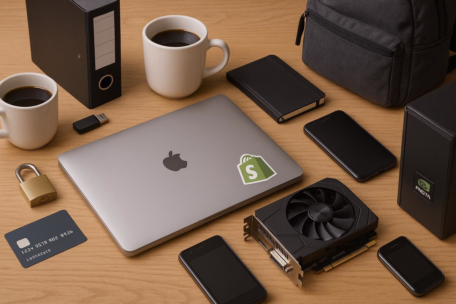 KDB Tech-Update 202506090504 Schreibtisch-Setup mit Laptop, USB-Stick, Smartphone, Kreditkarte, Grafikkarte, Vorhängeschloss und Rucksack – zeigt Arbeits- und Technikbedarf.