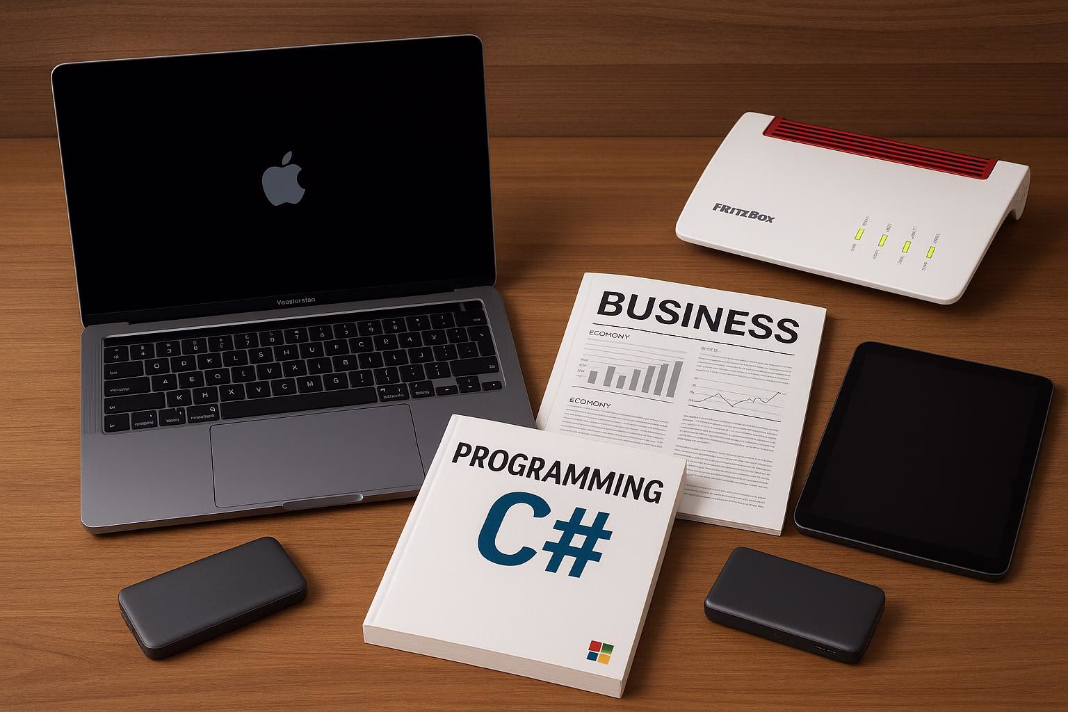 KDB Tech-Update 202506091504 Schreibtisch-Setup mit Laptop, Router, Tablet, Powerbank und aufgeschlagenem Programmierhandbuch sowie Business-Zeitschrift.