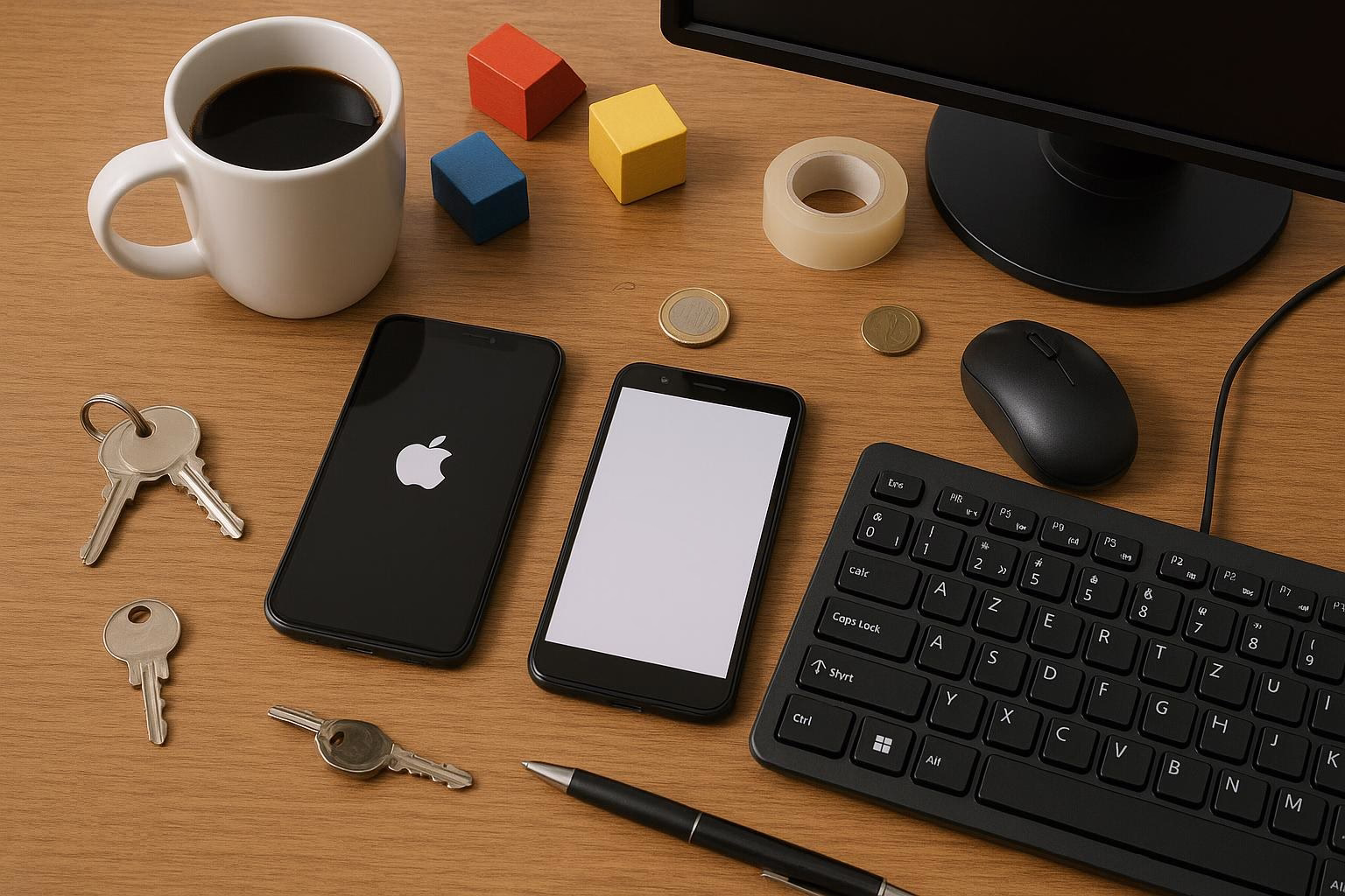 KDB Tech-Update 202506101506 Schreibtisch mit Kaffeetasse, Smartphone, Tasten, Maus, Monitorrand und Bauklötzen; zeigt Arbeitsmaterialien und Zubehör.