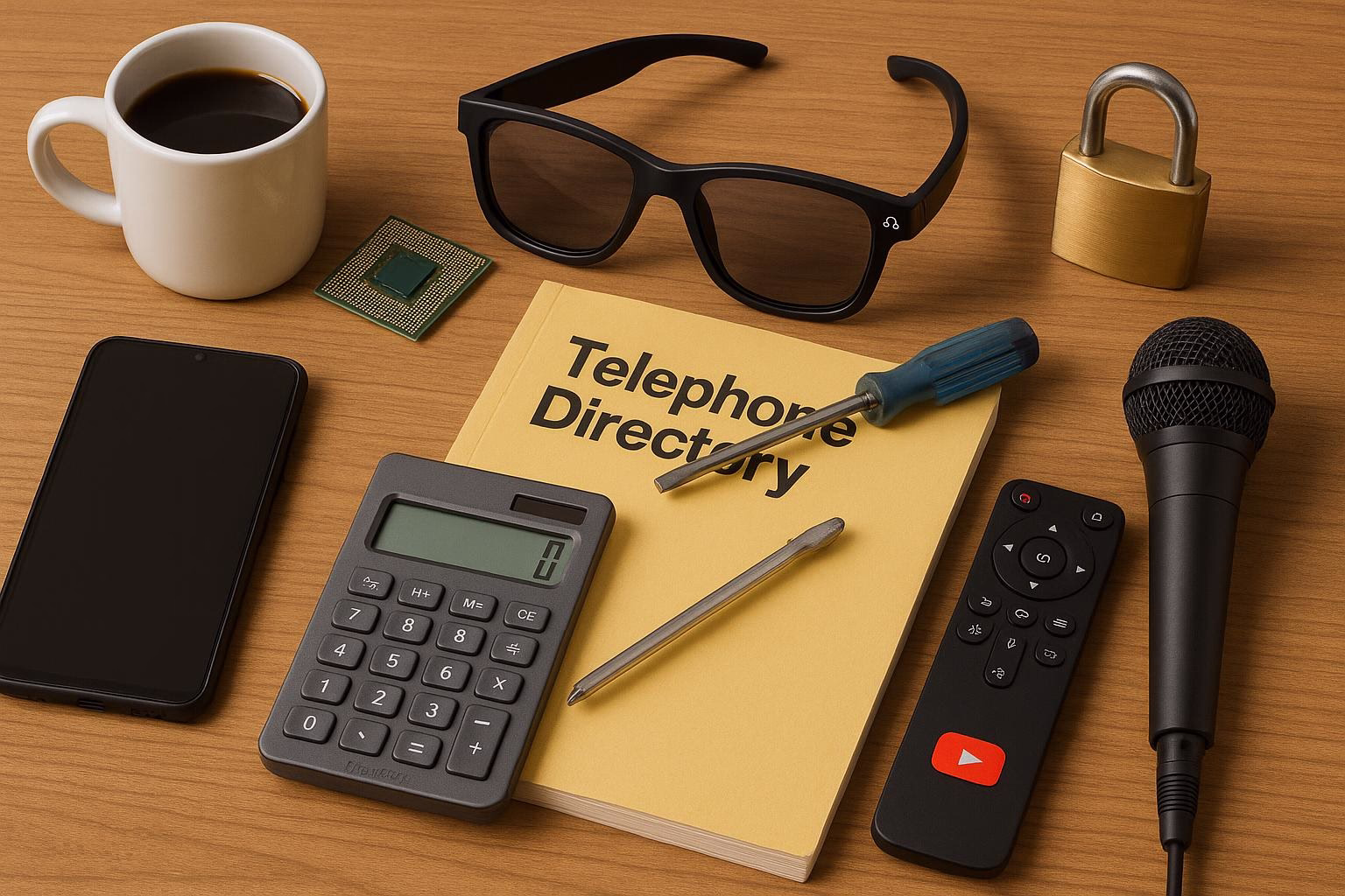 KDB Tech-Update 202506110505 Schreibtisch mit Tasse, Smartphone, Rechner, Telefonbuch, AR-Brille, Chip, Mikrofon und Fernbedienung; zeigt Technik-Set für Arbeit/Kommunikation.