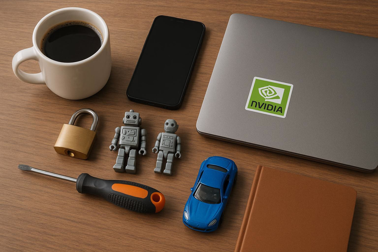 KDB Tech-Update 202506111506 Schreibtisch mit Kaffeetasse, Smartphone, Notebook mit Aufkleber, Schloss, Schraubenzieher und Spielzeugautos sowie Figuren—Symbol für Technik-Setup.
