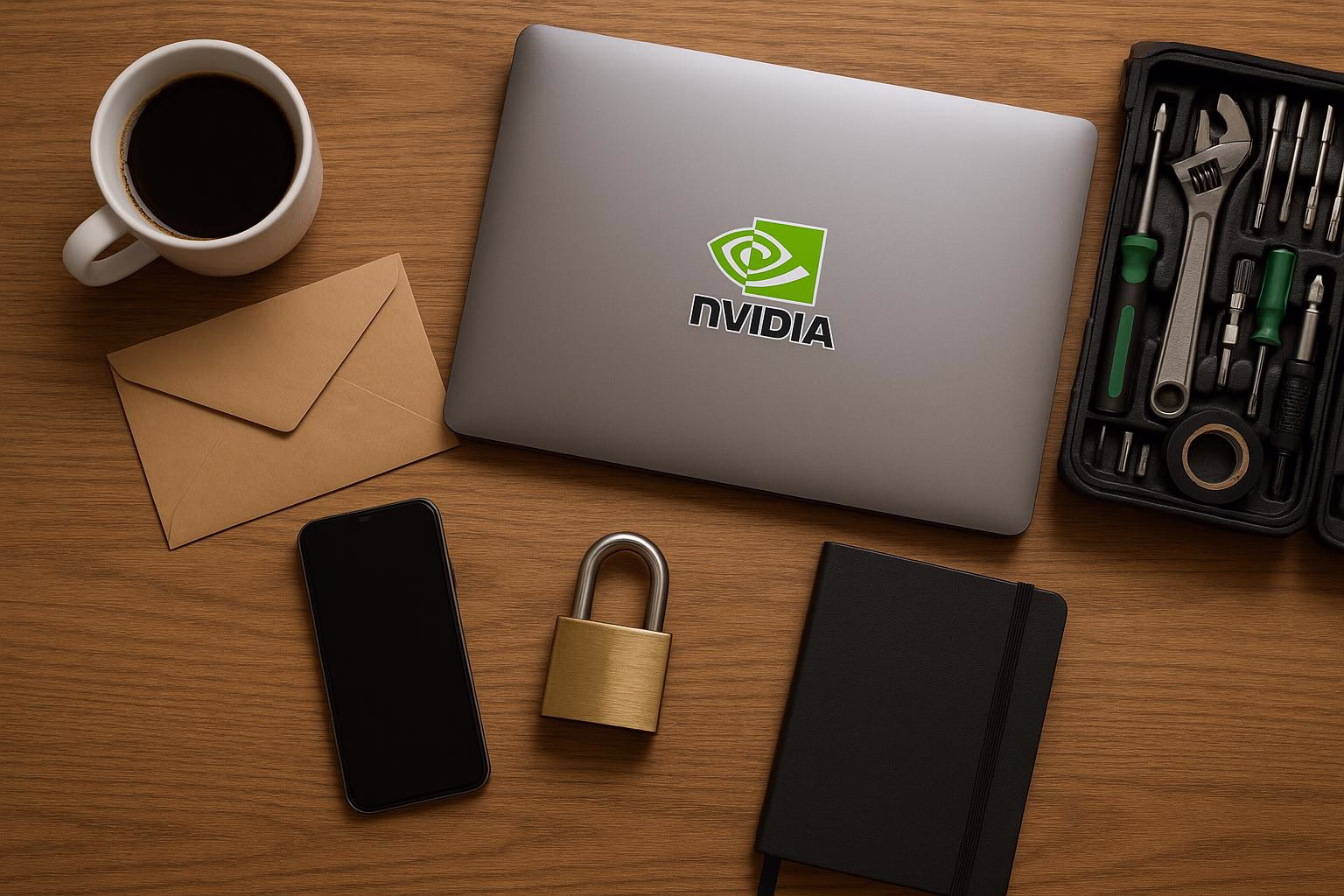 KDB Tech-Update 202506120504 Schreibtisch-Übersicht: Laptop, Kaffeetasse, Briefumschläge, Smartphone, Vorhängeschloss und Werkzeugkasten—zeigt Arbeits- und Sicherheitskontext.