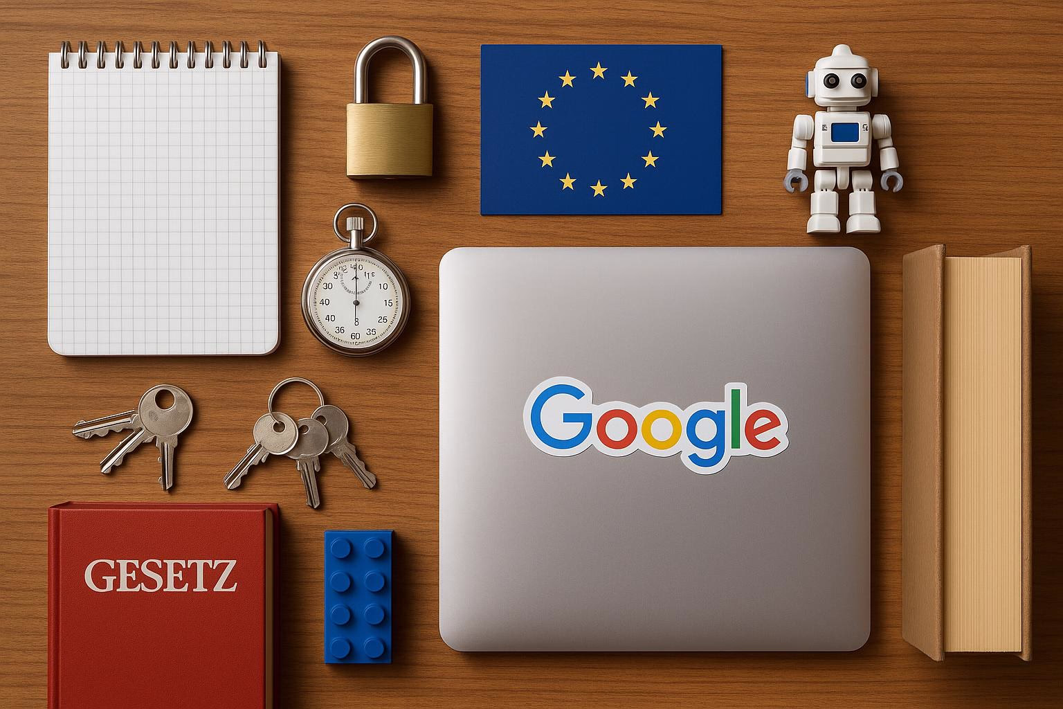 KDB Tech-Update 202506121504 Schreibtisch-Übersicht mit verschlossenem Vorhängeschloss, Schlüsselbund, Stoppuhr, EU-Flagge, Roboter und Laptop mit „Google“-Aufkleber.