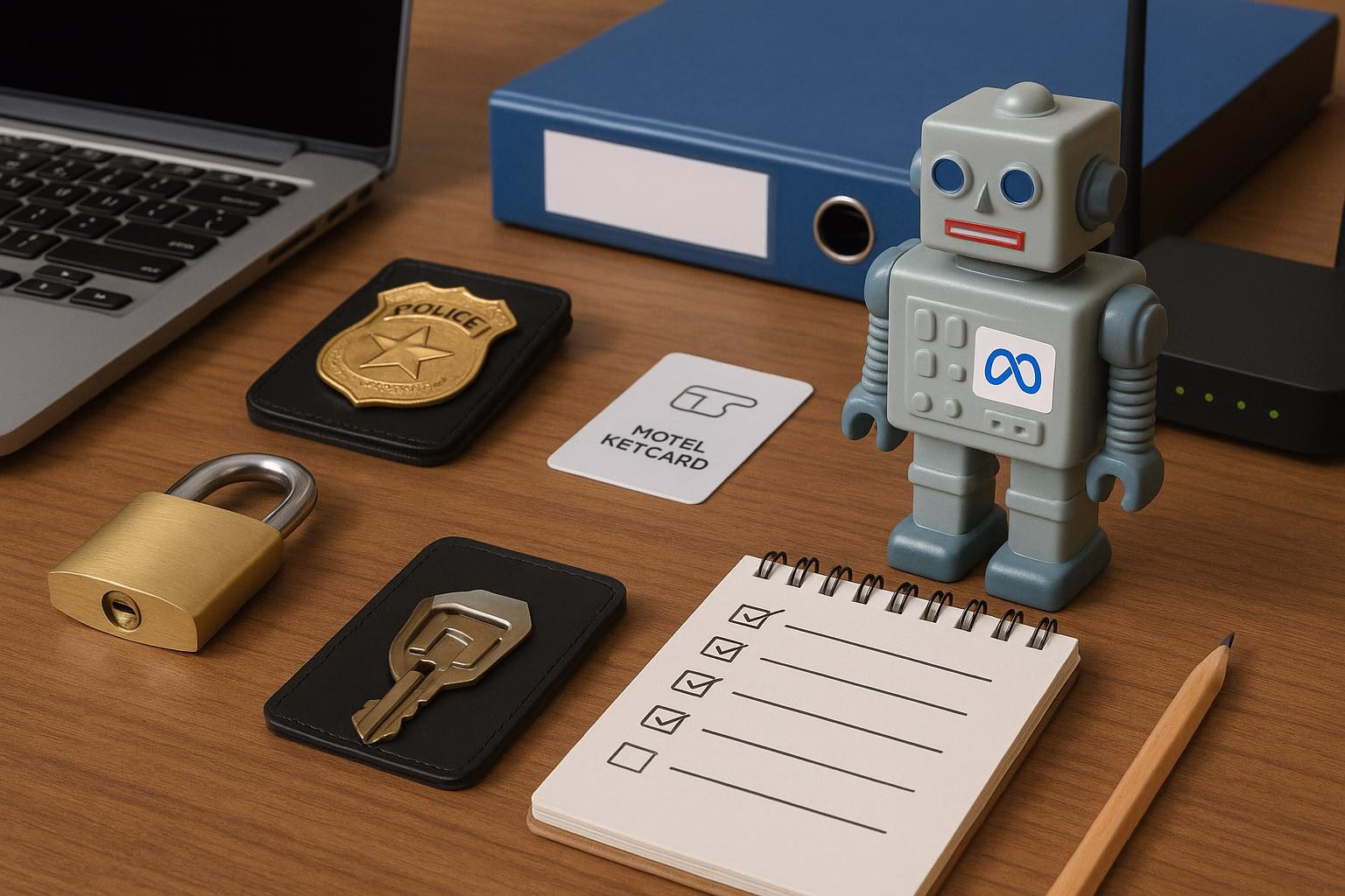 KDB Tech-Update 202506131506 Schreibtisch mit Laptop, Roboterfigur, Hotelschlüsselkarte, Personalausweis, Vorhängeschloss und Notizblock mit Checkliste als Technik- und Sicherheitsüberblick.