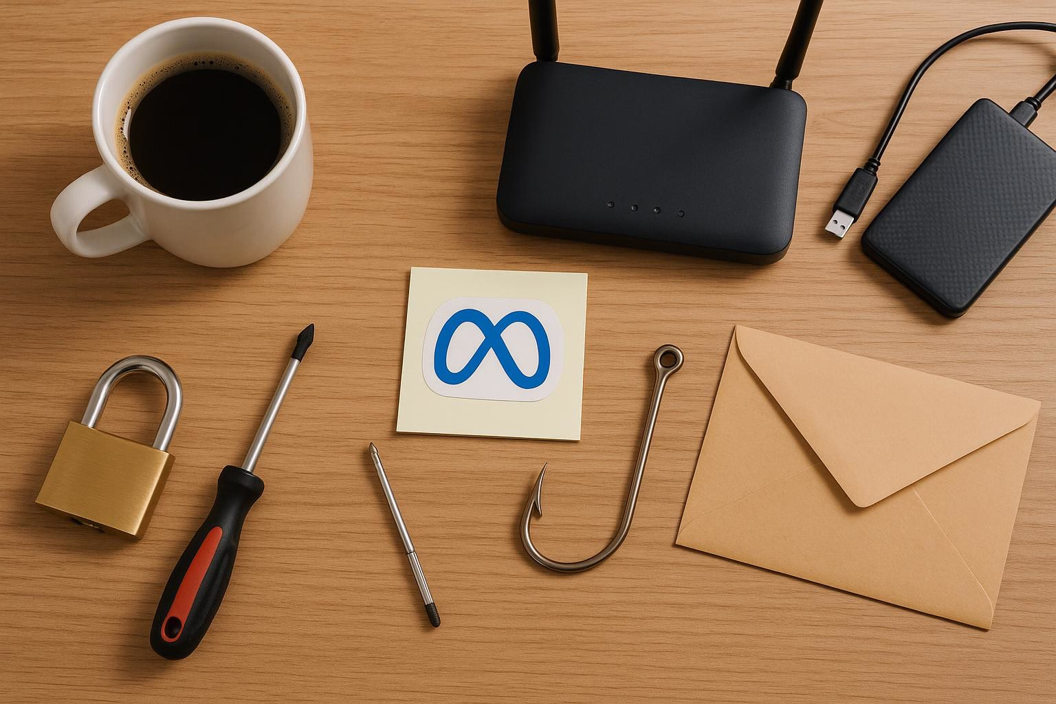 KDB Tech-Update 202506140505 Schreibtisch mit Kaffeetasse, Router, externer Festplatte, Notizzettel mit Meta-Logo sowie Werkzeugen und Briefumschlag; thematisiert Technik und Organisation.
