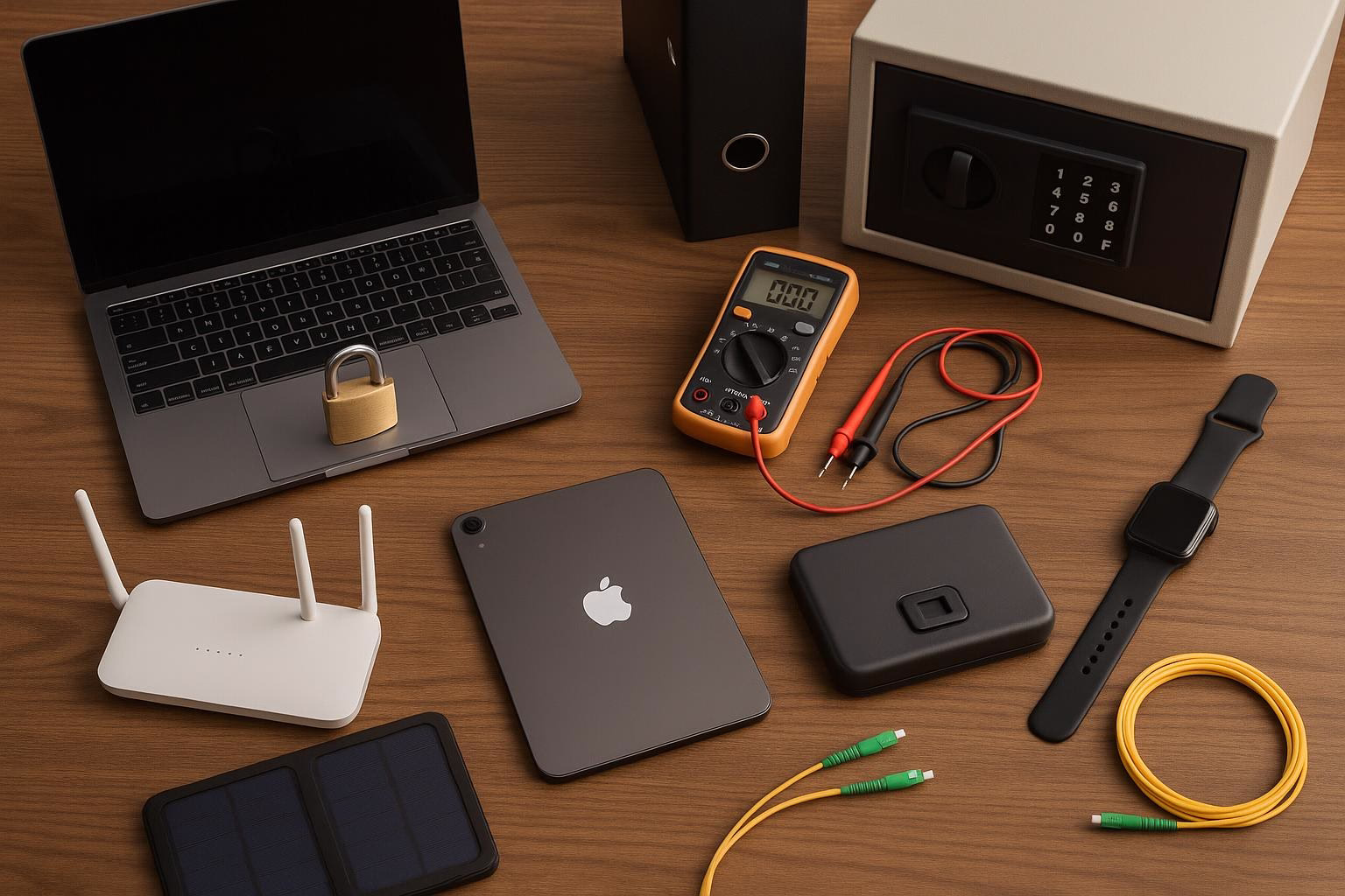 KDB Tech-Update 202506141503 Schreibtisch mit gesperrtem Laptop, Messgerät, Router, Lade- und Datengeräten; Kabel und Smartwatch symbolisieren Technik, Verbindung und Sicherheit.