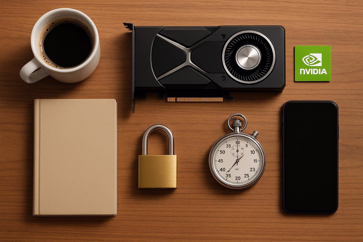 KDB Tech-Update 202506150505 Schreibtisch-Übersicht mit Kaffeetasse, Grafikkarte, Buch, Vorhängeschloss, Stoppuhr und Smartphone; Symbol für Sicherheit, Zeit und Technik.