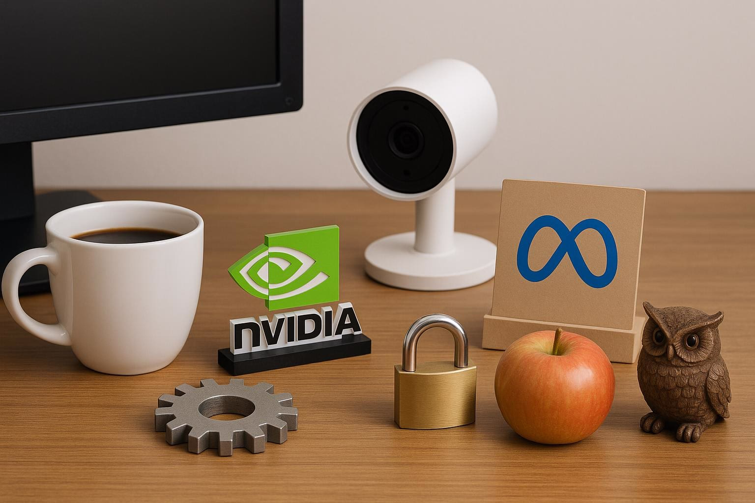KDB Tech-Update 202506151504 Schreibtisch-Arrangements mit Kaffeetasse, Überwachungskamera, Apfel, Schloss und Zahnrädern als Symbol für Sicherheit und Technik.