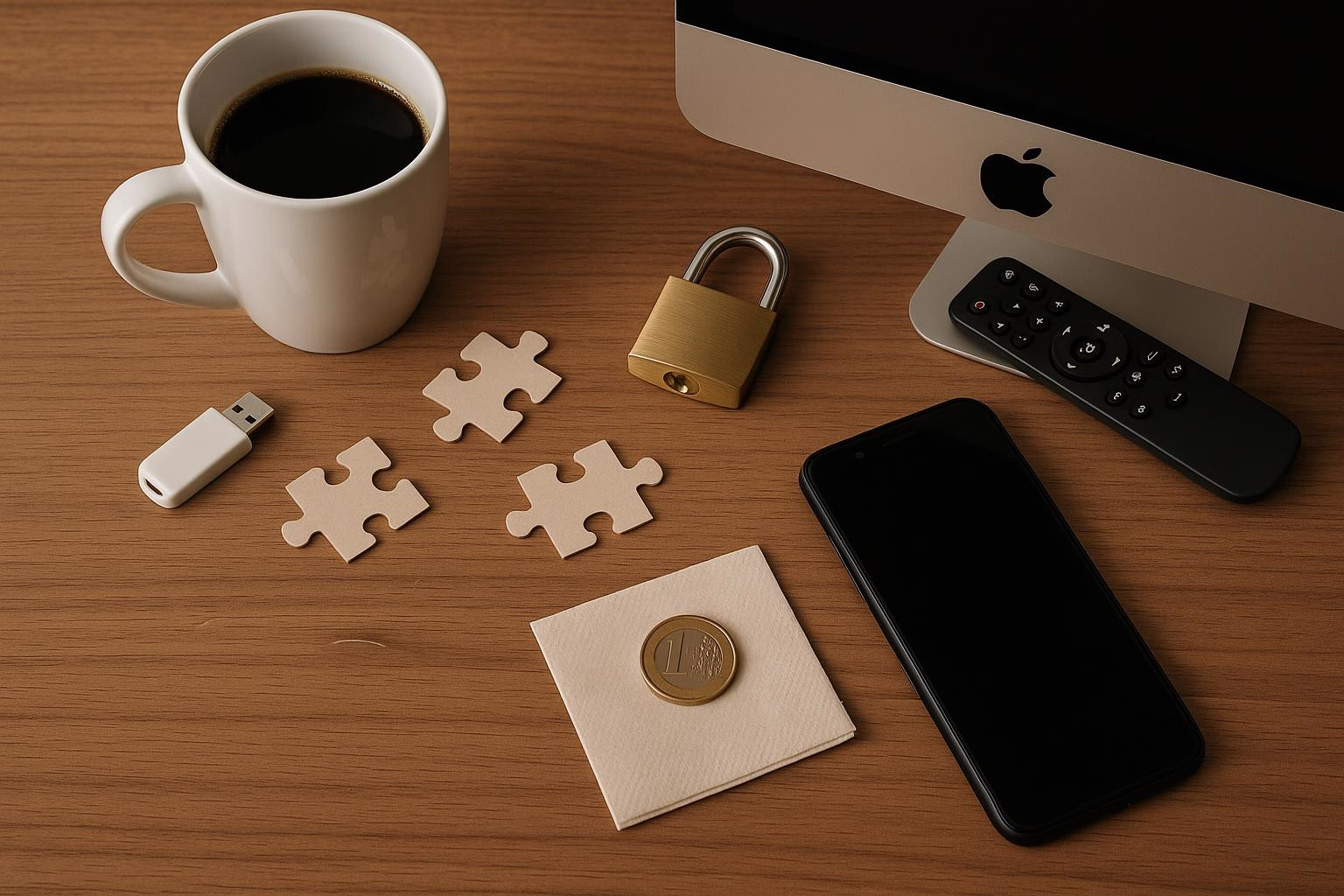 KDB Tech-Update 202506160501 Schreibtisch mit Kaffeetasse, USB-Stick, Schloss, Puzzleteilen, Fernbedienung, Smartphone und Geldmünze; symbolisiert Technik und Absicherung.