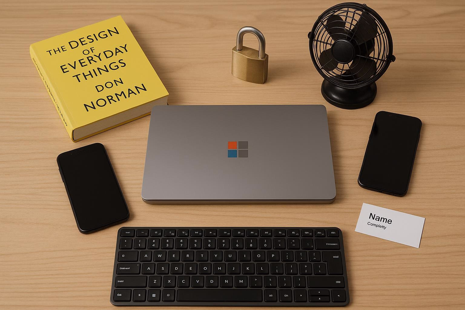 KDB Tech-Update 202506161505 Schreibtisch mit Laptop, Tastatur und Smartphone, daneben Buch, Visitenkarte und Vorhängeschloss sowie Ventilator—wirkt wie gesicherter Arbeitsplatz.