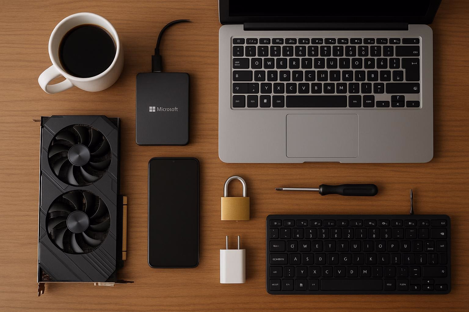 KDB Tech-Update 202506170506 Schreibtisch-Setup mit Laptop, Kaffeetasse, externer Festplatte, Smartphone, Ladegerät und Werkzeugen; zeigt Arbeitsumgebung für Technik-Updates.
