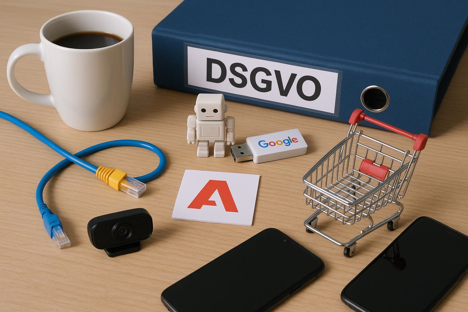 KDB Tech-Update 202506180503 Schreibtisch: Kaffeetasse, Roboterfigur, DSGVO-Ordner, USB-Stick, Webcam, Smartphone, Netzwerkkabel und Miniatur-Einkaufswagen als Technik-Update.